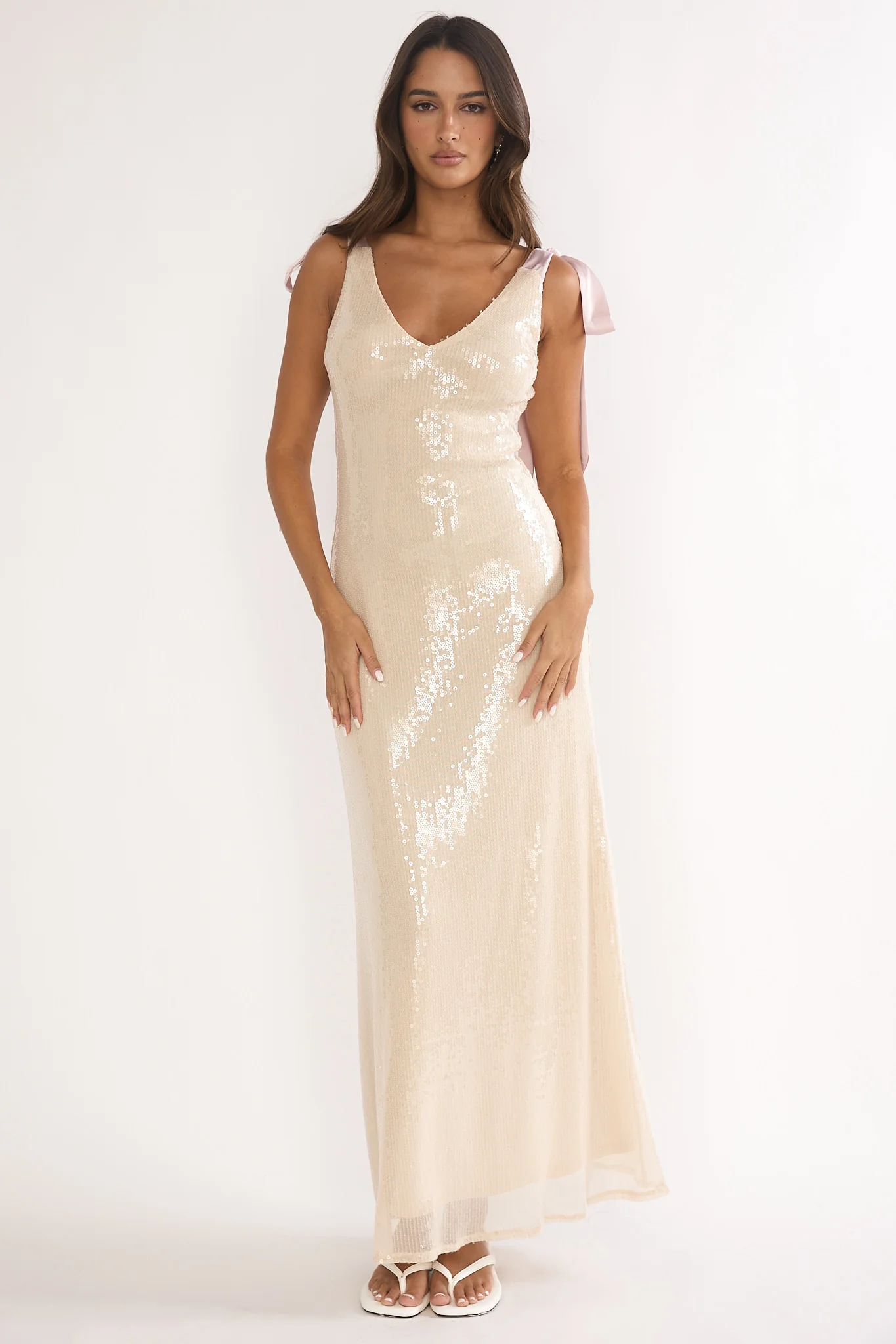 Bellamira Bow Shoulder Maxi Dress Sequin Champagne