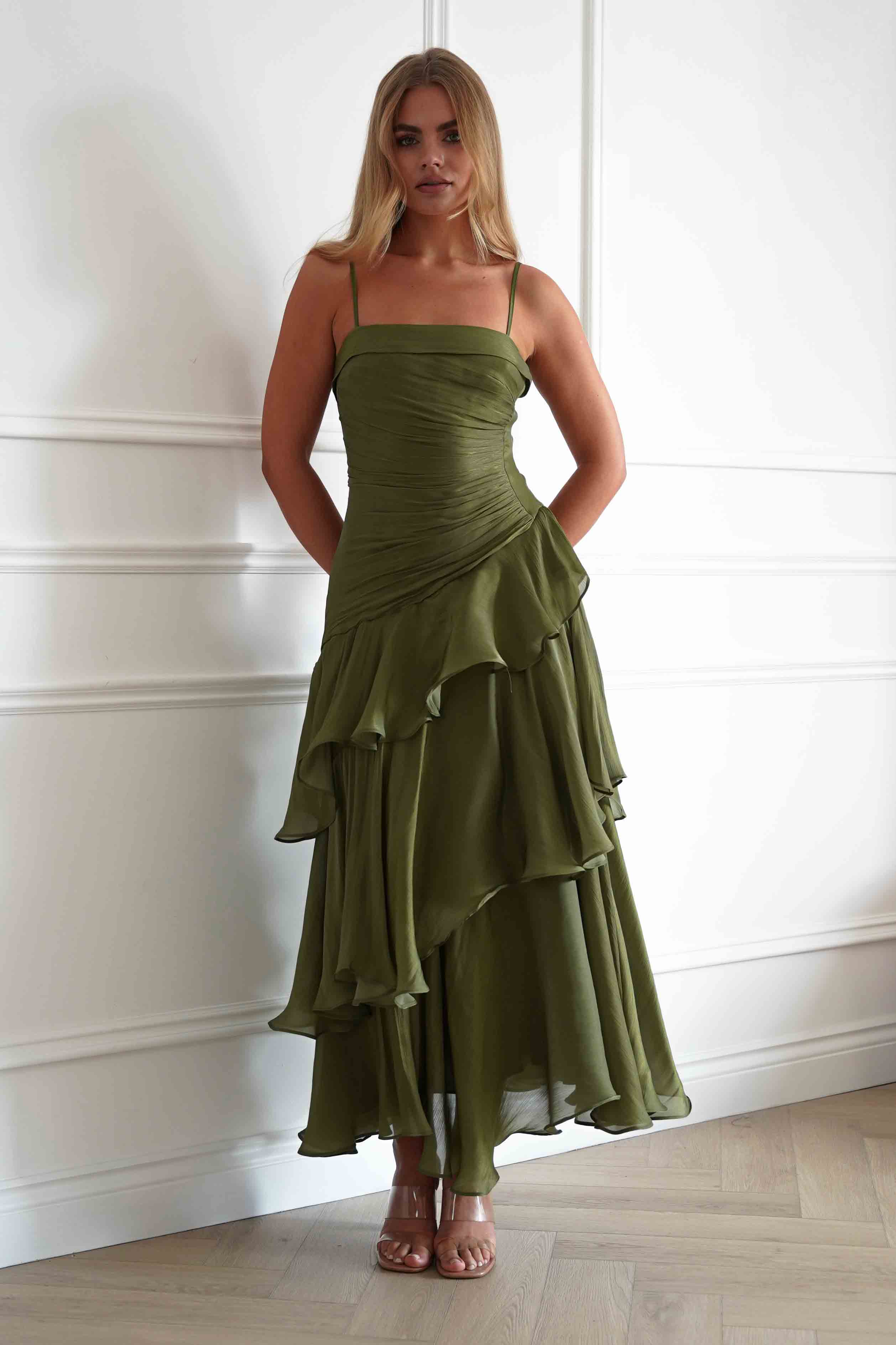 Renee Luminescent Ruffle Maxi Dress | Olive