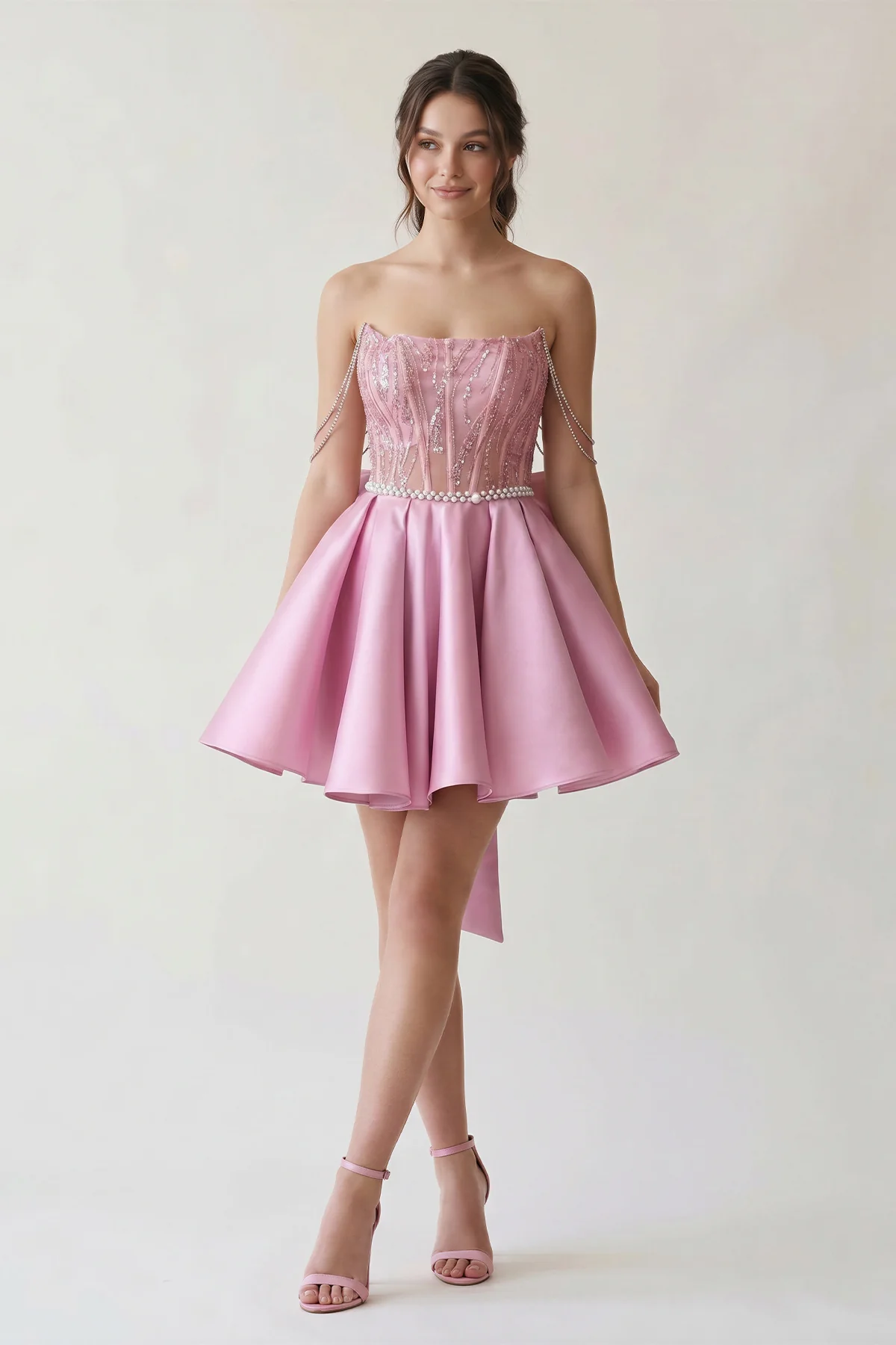 A-Line Pink Lace Off-the-Shoulder Bow-Back Short Homecoming Dress
