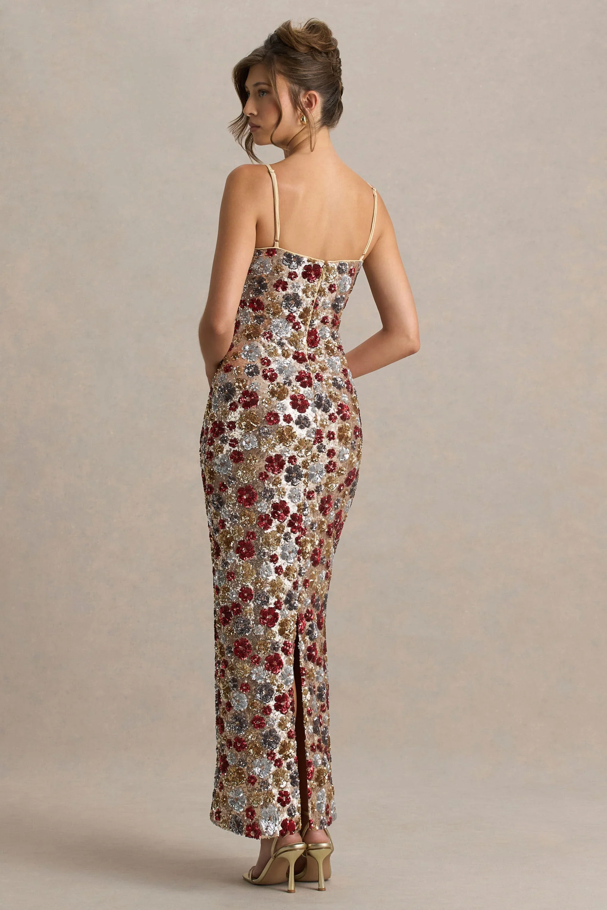 Vitora | Red Floral Sequin Square-Neck Maxi Dress