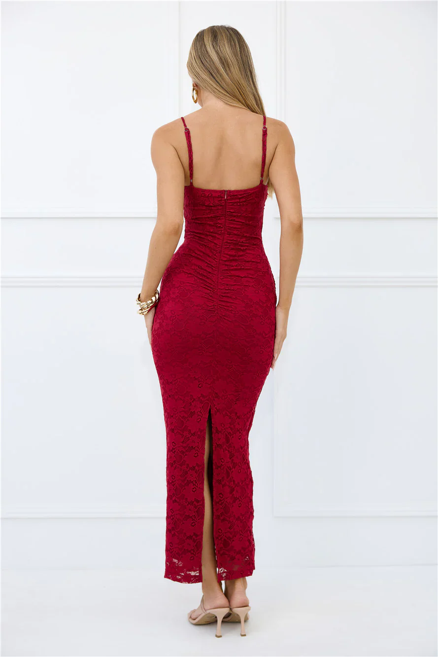 Chic After Dark Lace Maxi Dress Burgundy - luluinthesky