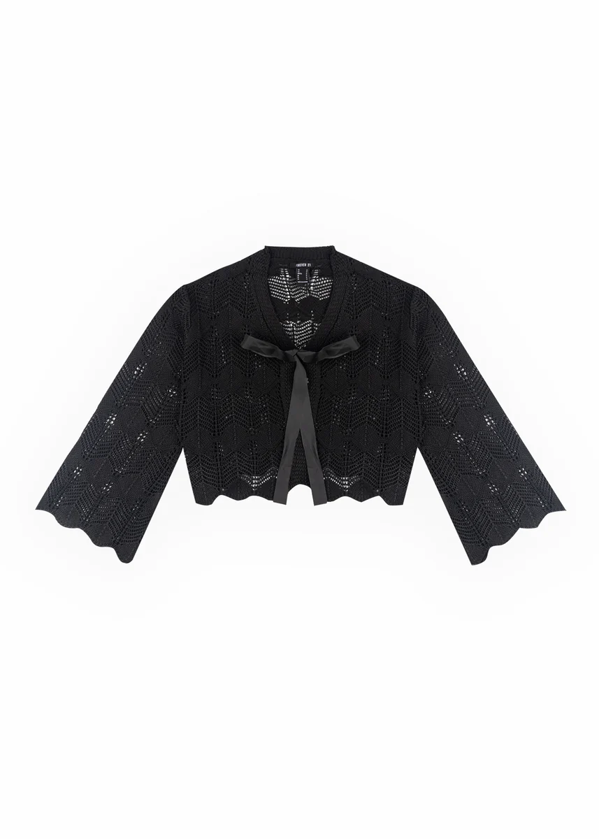 Open-Front Pointelle Bow Cardigan