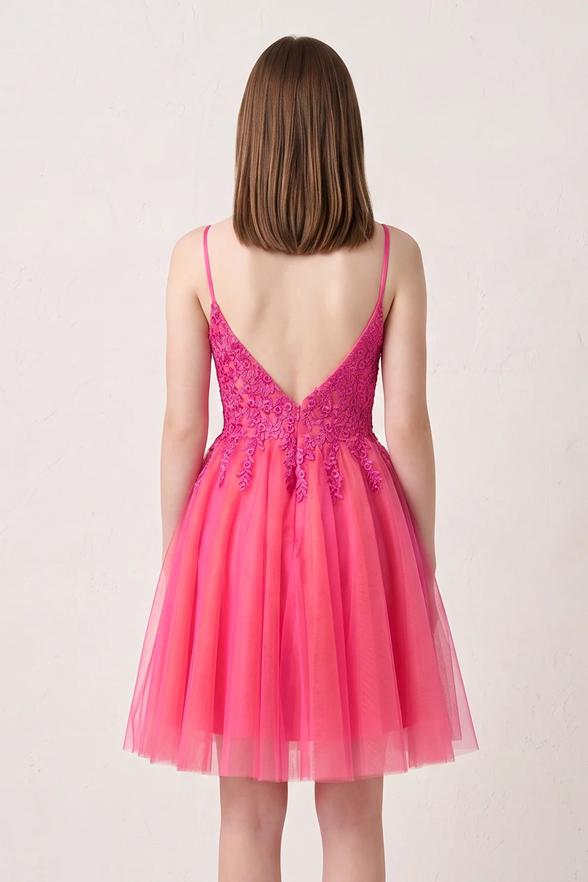 Hot Pink V Neck Straps Appliques Tulle Homecoming Dress