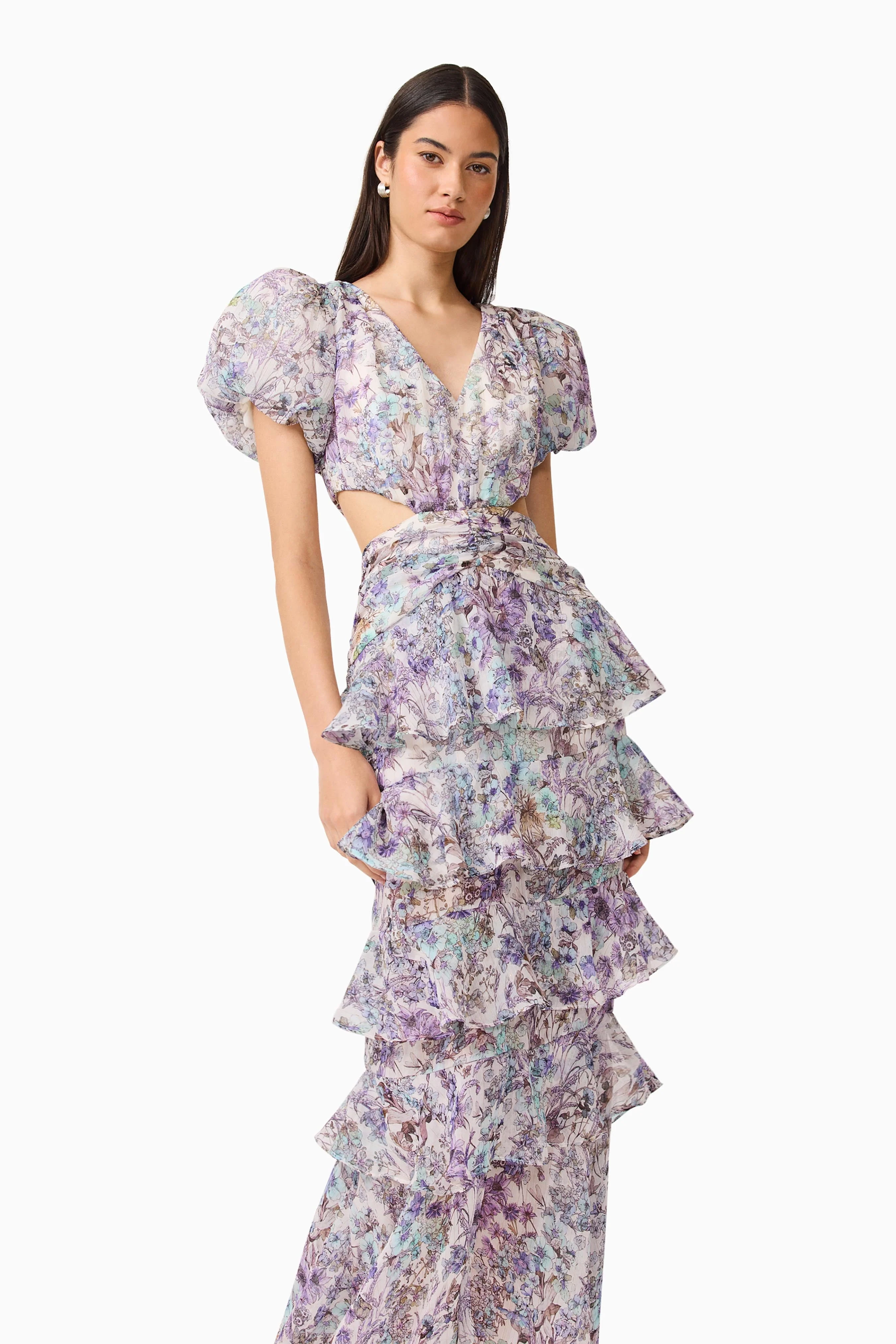Rosaria Short Sleeve Gown in Purple Floral