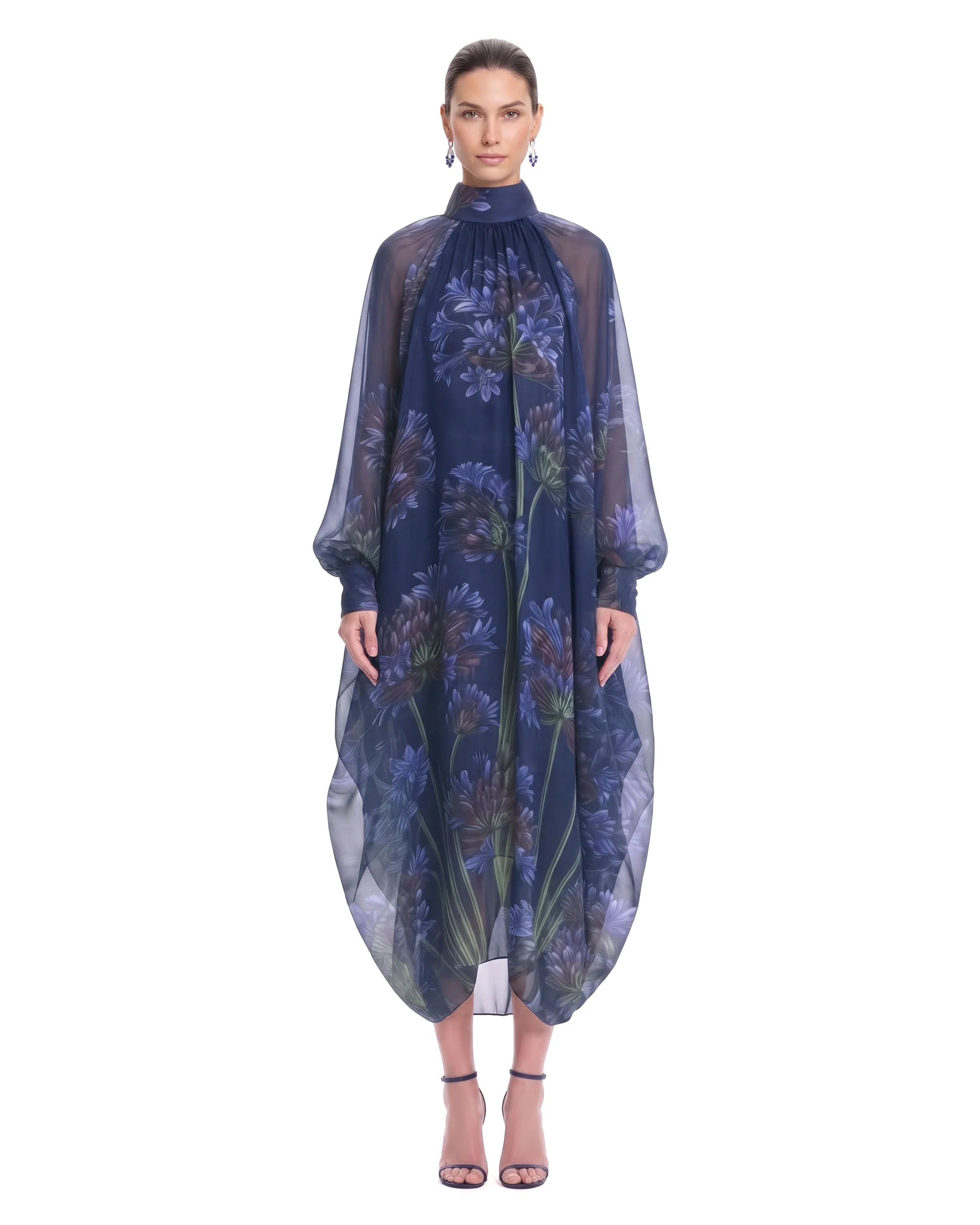 Floral Print Sheer Balloon-Sleeve Maxi Dress - Navy