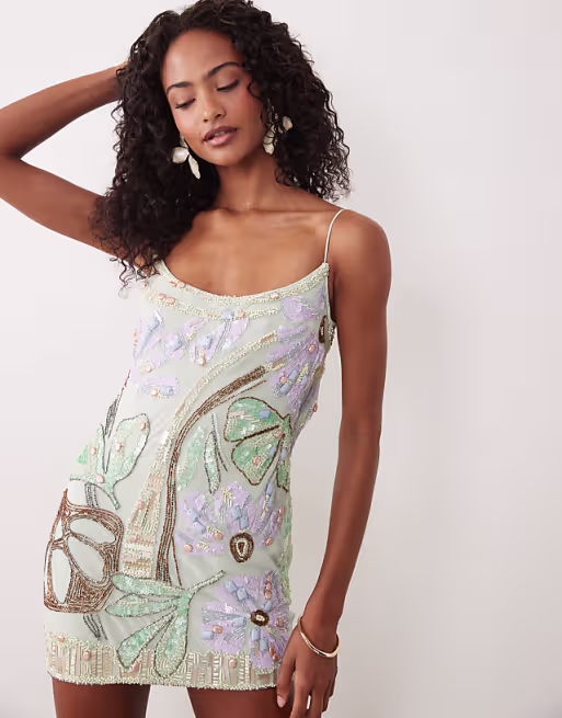 bias cut double rouleaux strap artwork embellished mini dress in aqua