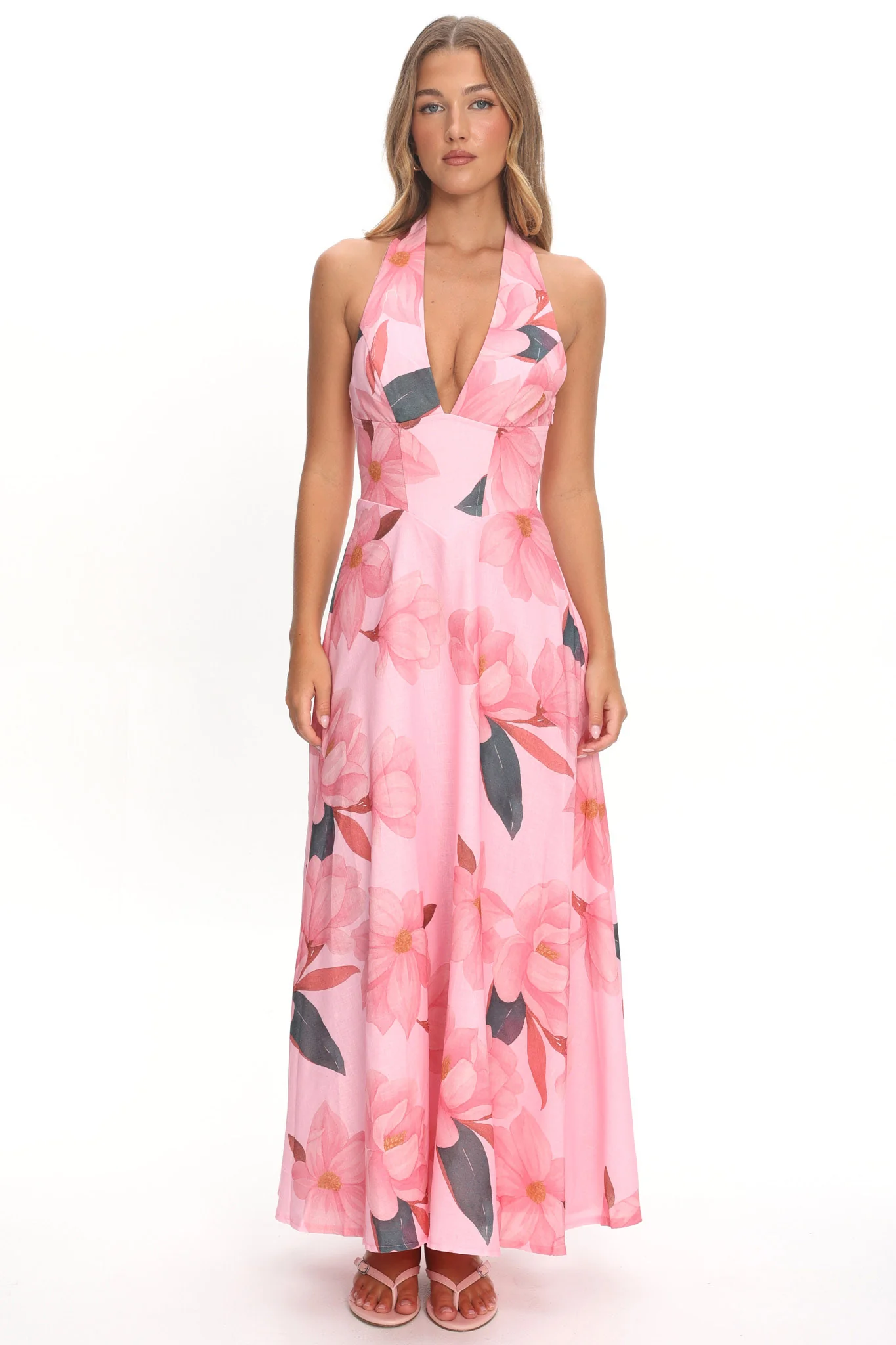 Riga Halterneck Maxi Dress Floral Pink