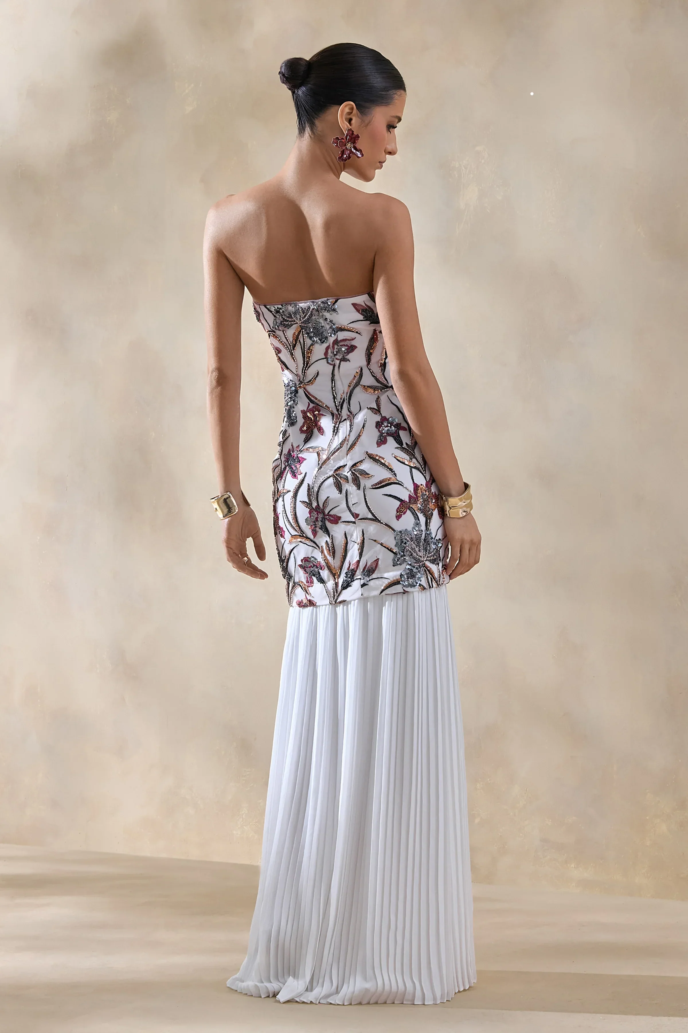 Denise | Cream Sequin Floral Bandeau-Neck Embellished Maxi Dress With Drop-Waist And Mesh Skirt