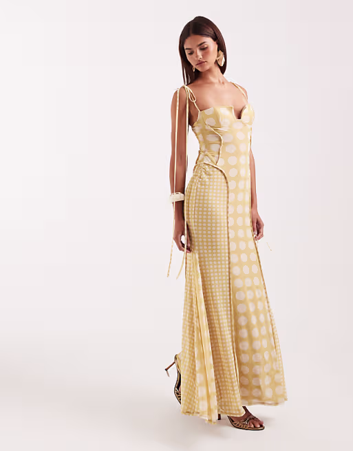 printed mesh exposed seam sculpted cupped maxi dress in polka dot
