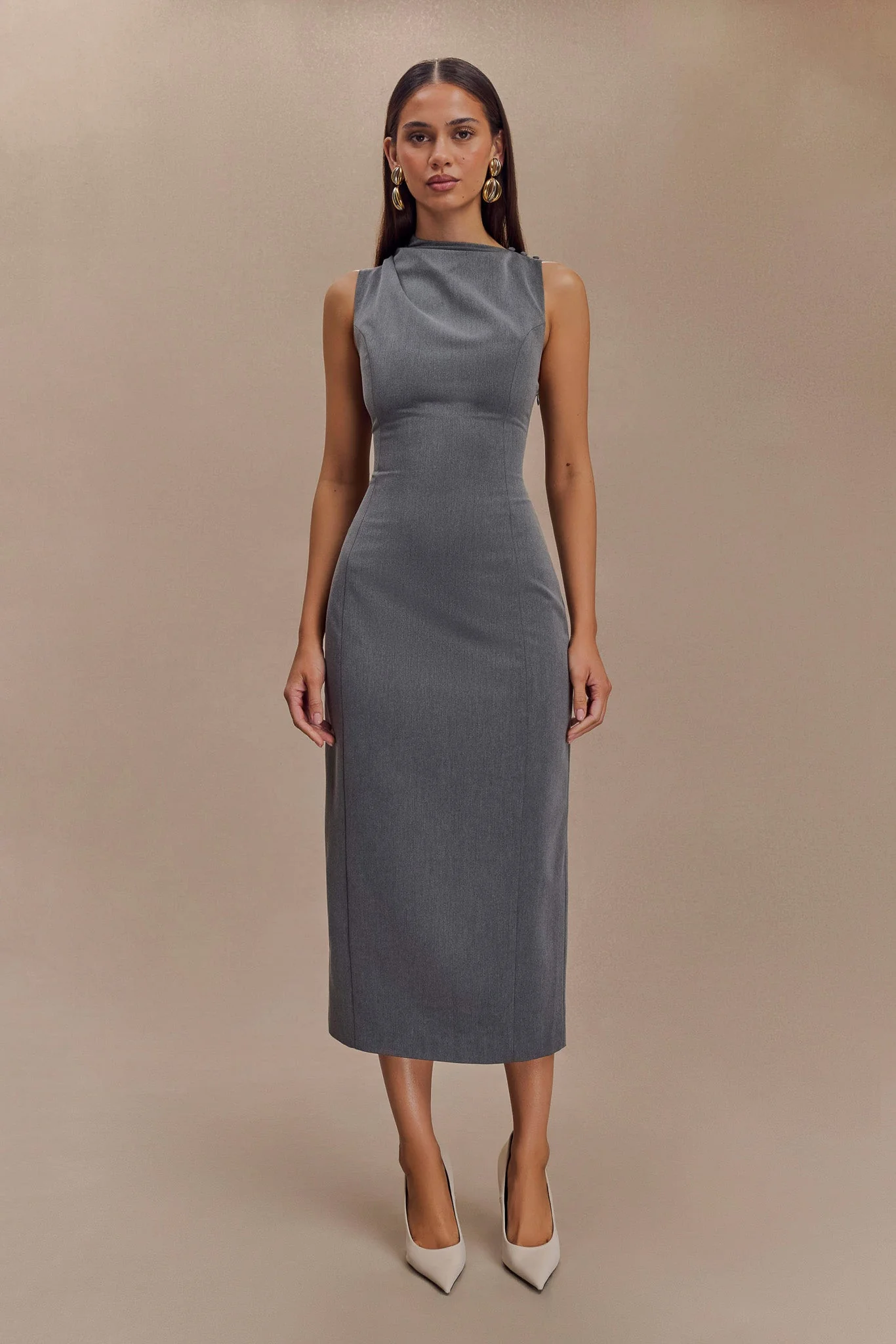 Taylor Draped Crepe Midi Dress - Charcoal Marle