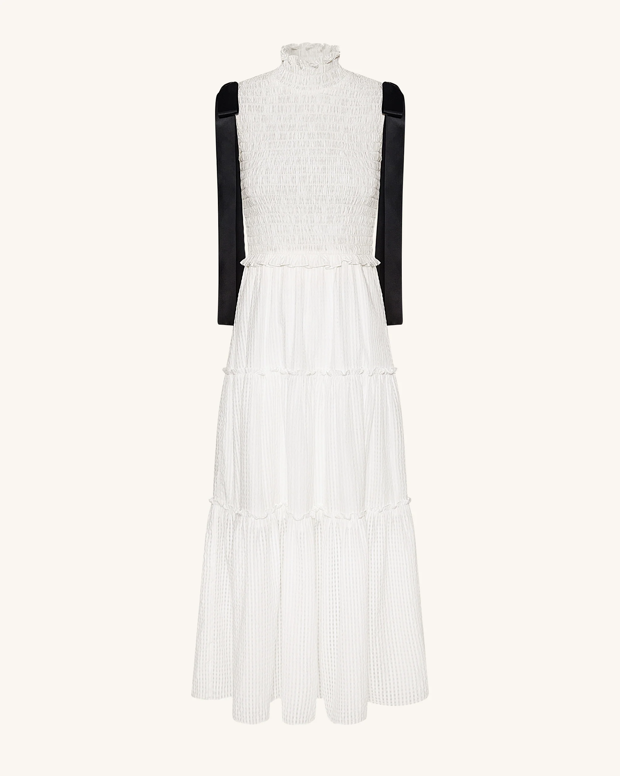 High-Neck Sleeveless Smocked Three-Tier Maxi Dress - White - FASHION NOB