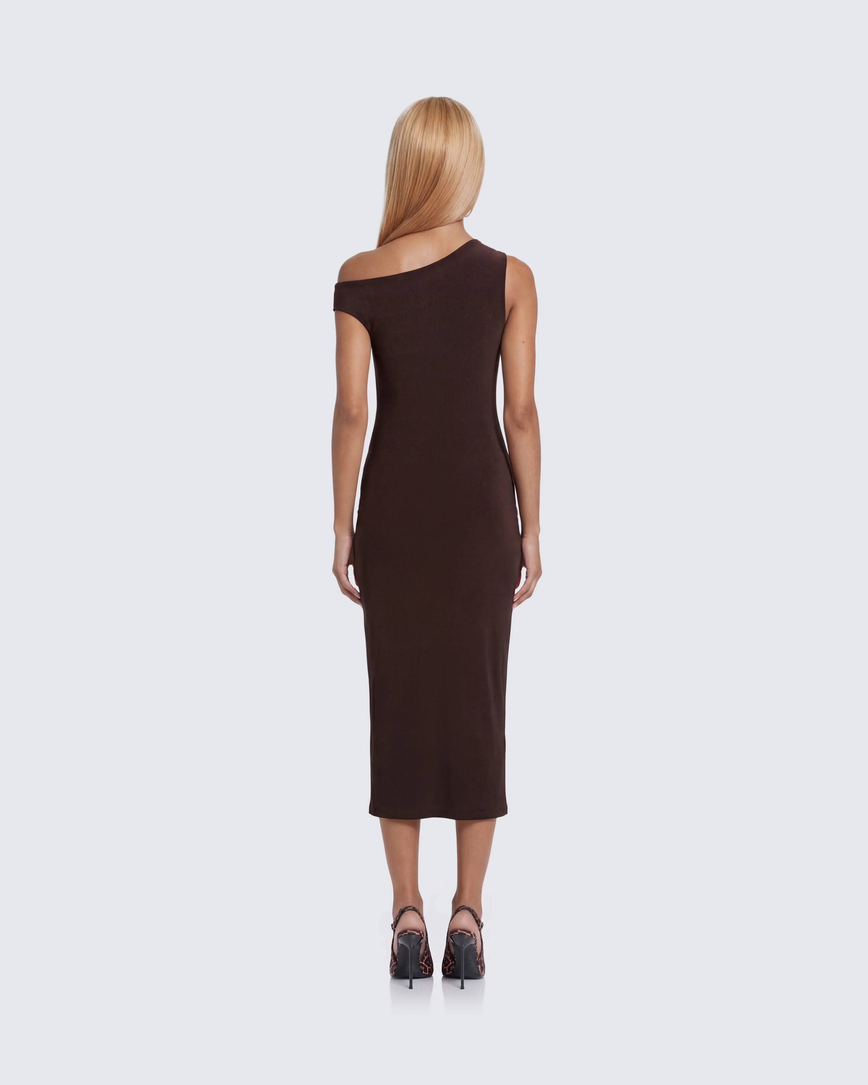 Justyna Brown Slash Neck Assym Dress