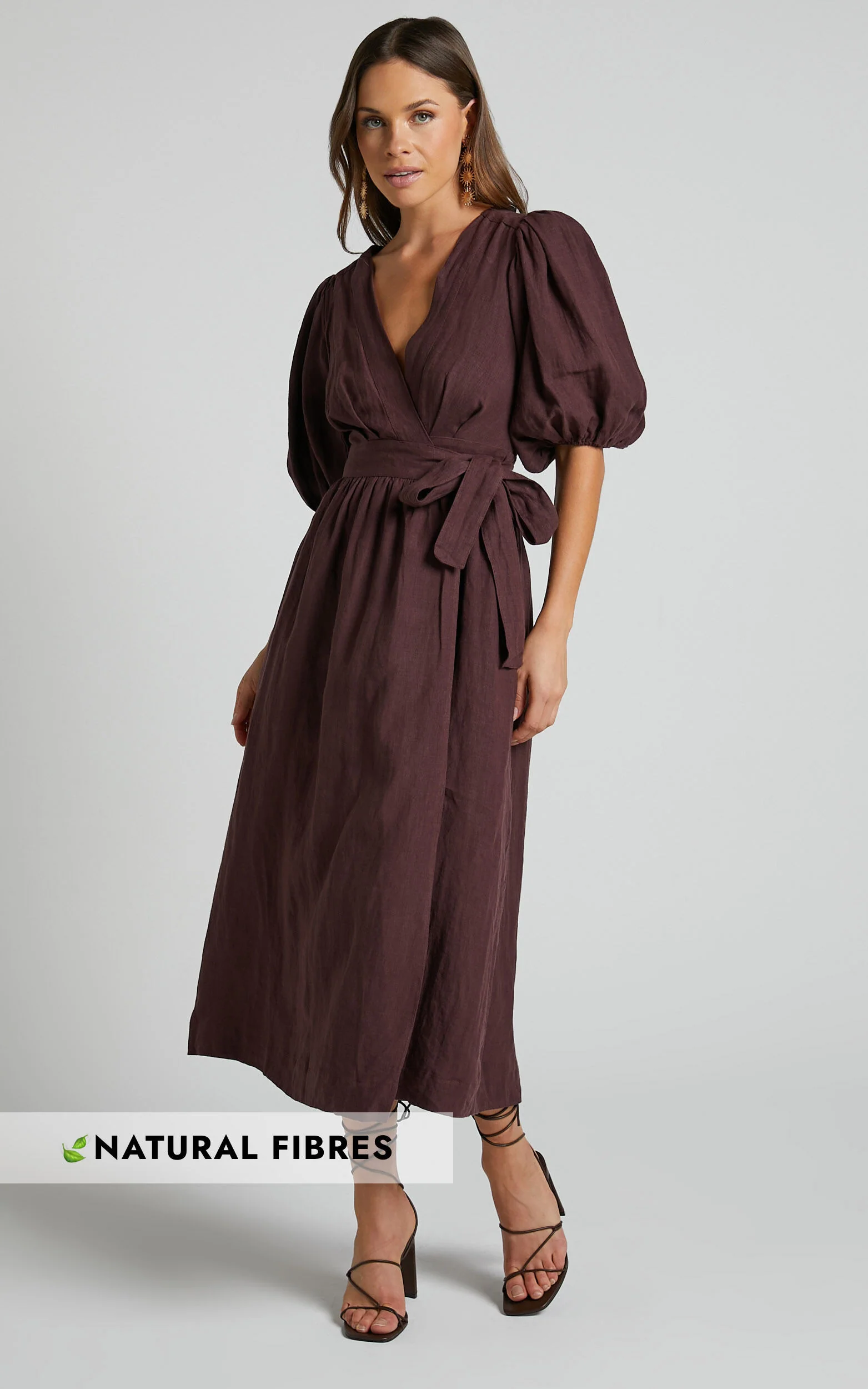Amalie The Label - Franc Linen Puff Sleeve Wrap Midi Linen Dress in Dark Plum