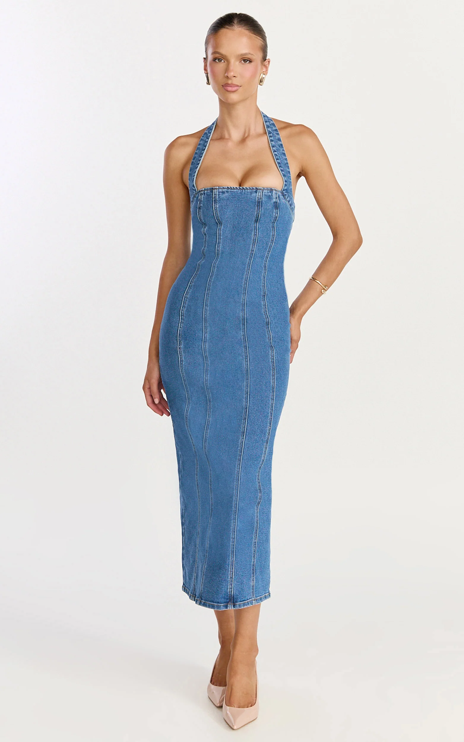 Skye Midi Dress - Halter Neck Panelled Denim Dress in Mid Blue Wash