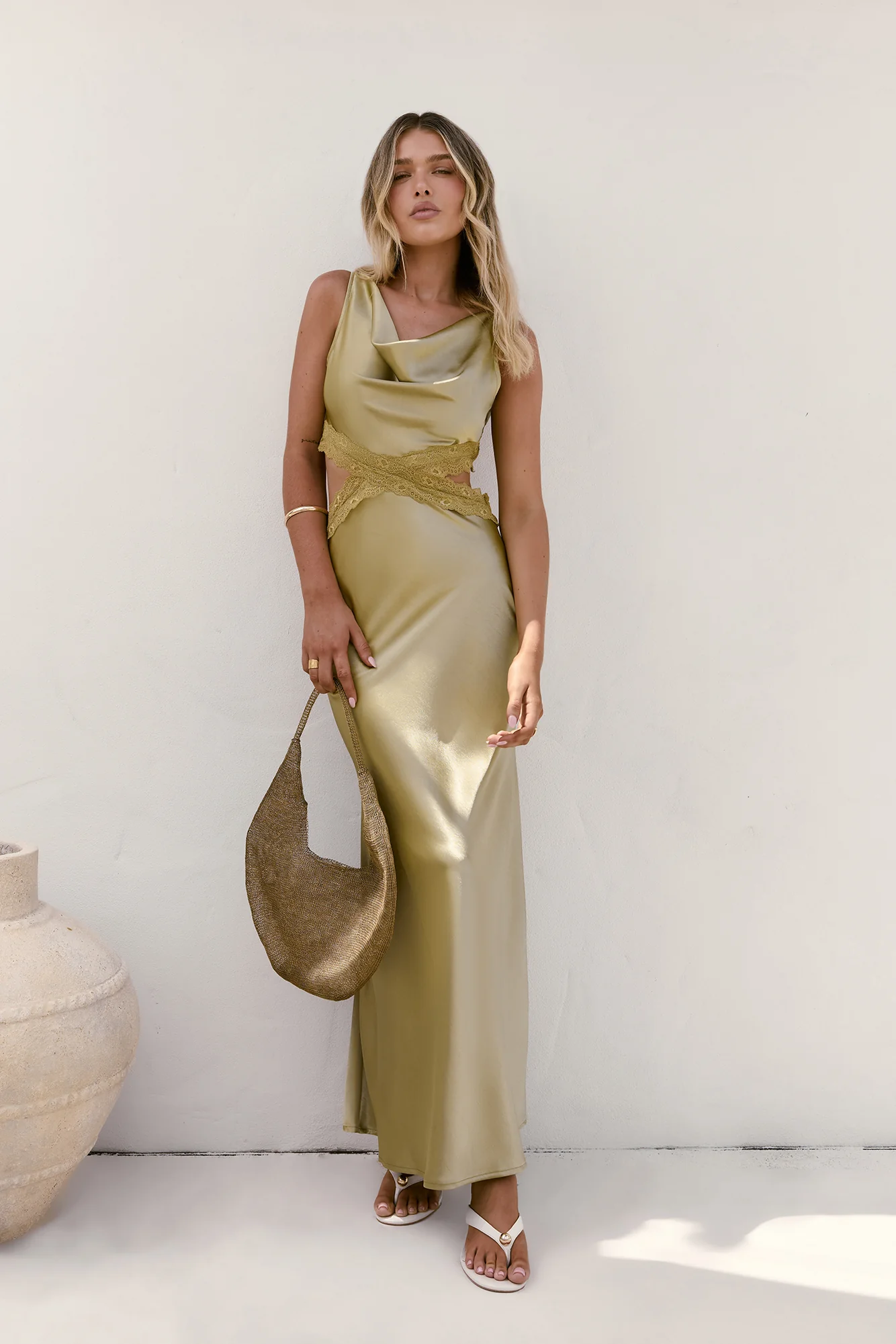 City Silhouettes Satin Maxi Dress Olive