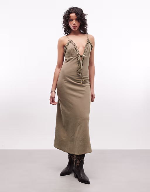 deep plunge neck cami maxi sundress with ruffle trim in washed olive