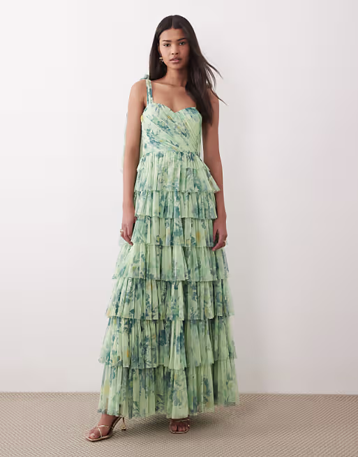 Lace & Beads Bridesmaid bow shoulders tulle maxi dress in sage green print