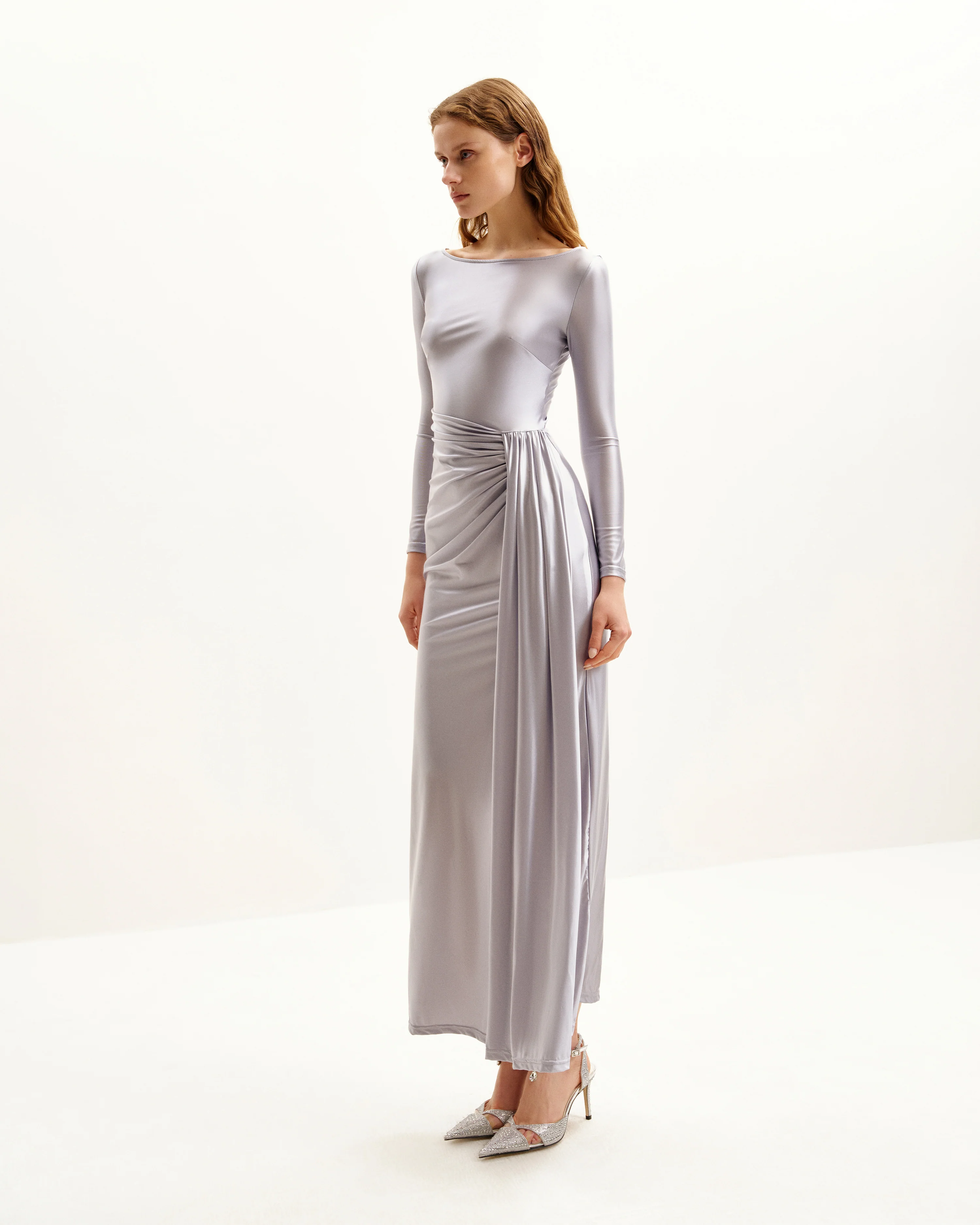 Amara Metallic Ruched Dress - Silver - FASHION NOB