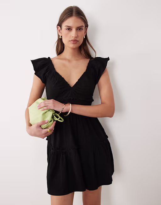 Miss Selfridge flutter sleeve smock dress in black