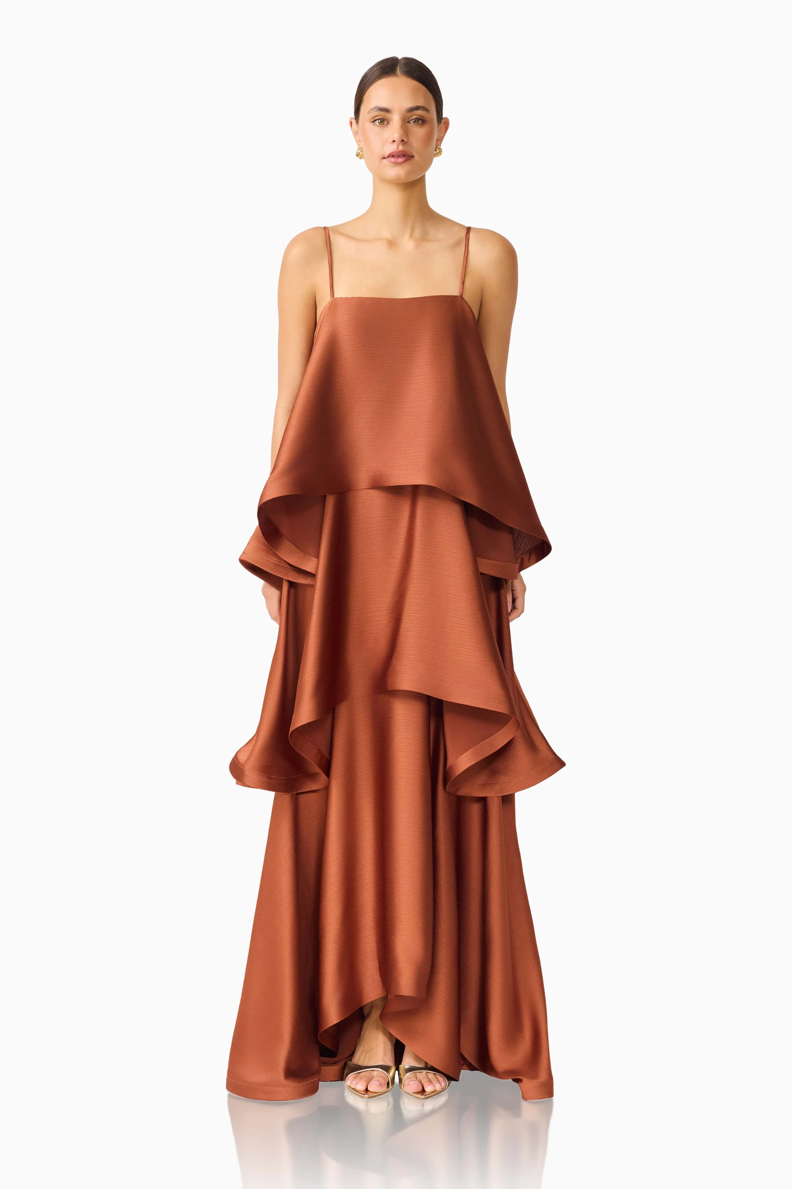 Tilly Tiered Maxi Dress in Chestnut Brown