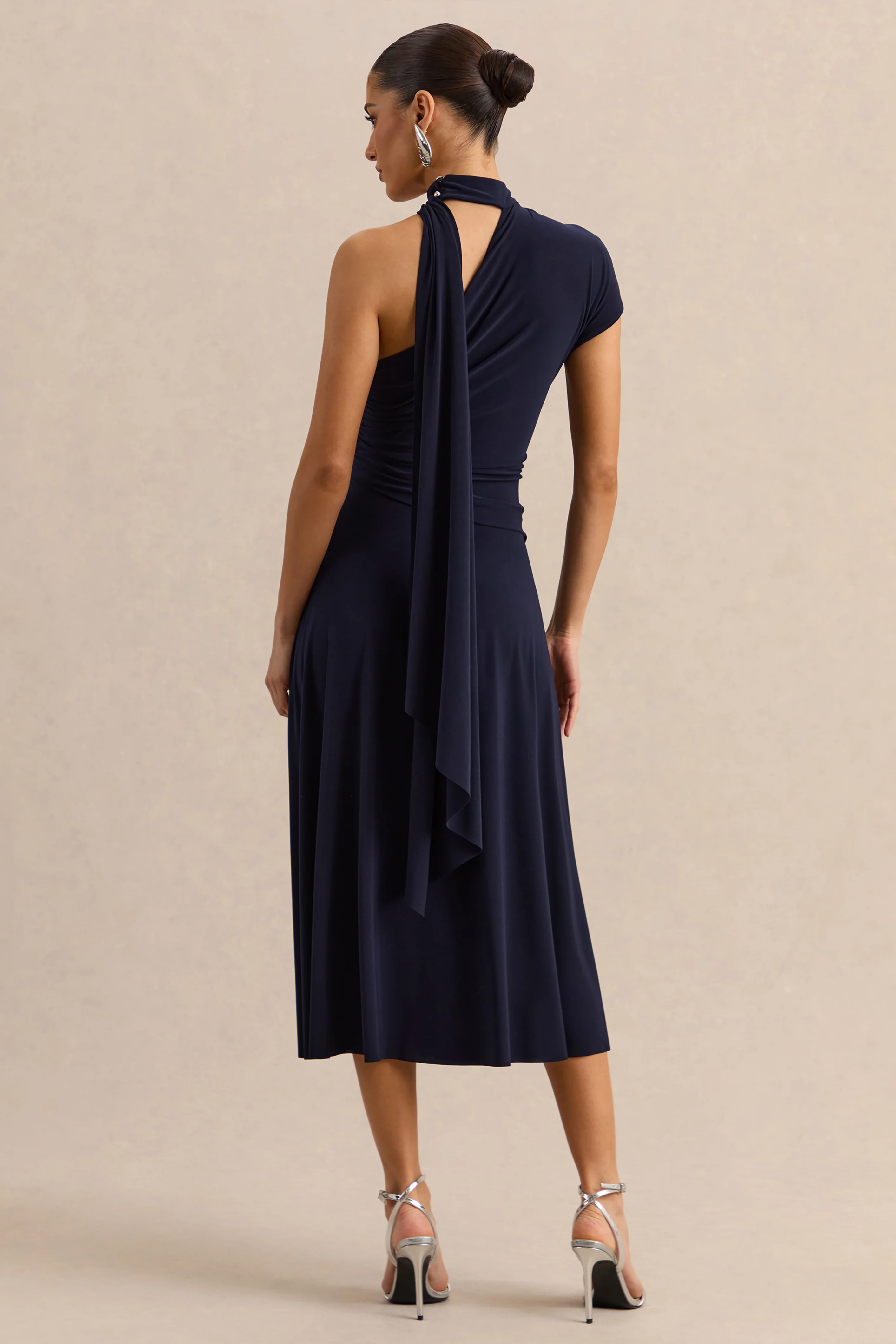 Lythara | Navy Asymmetric-Neck Midi Dress With Scarf-Detail