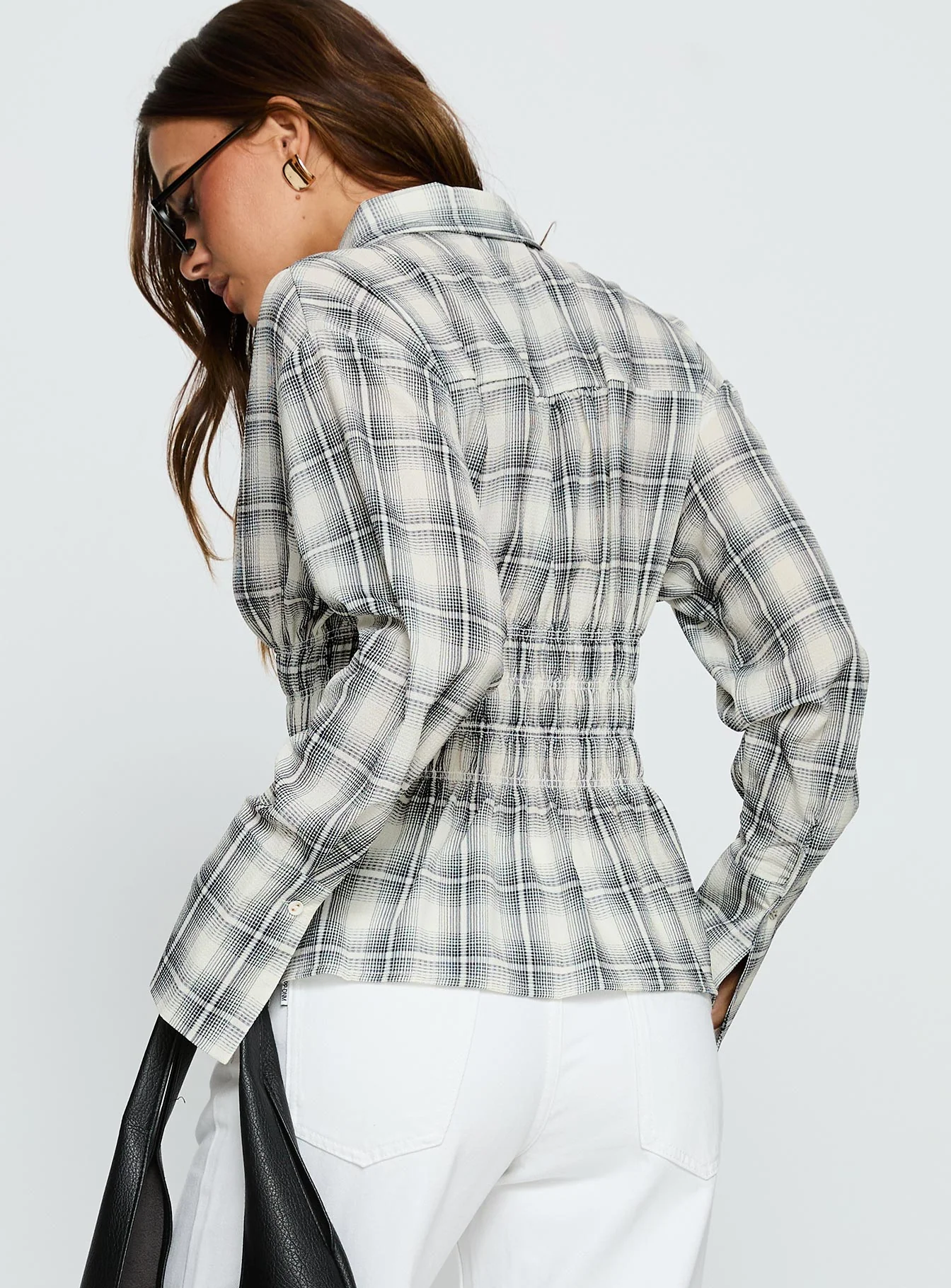 As You Are Shirred Button Up Top Black Check