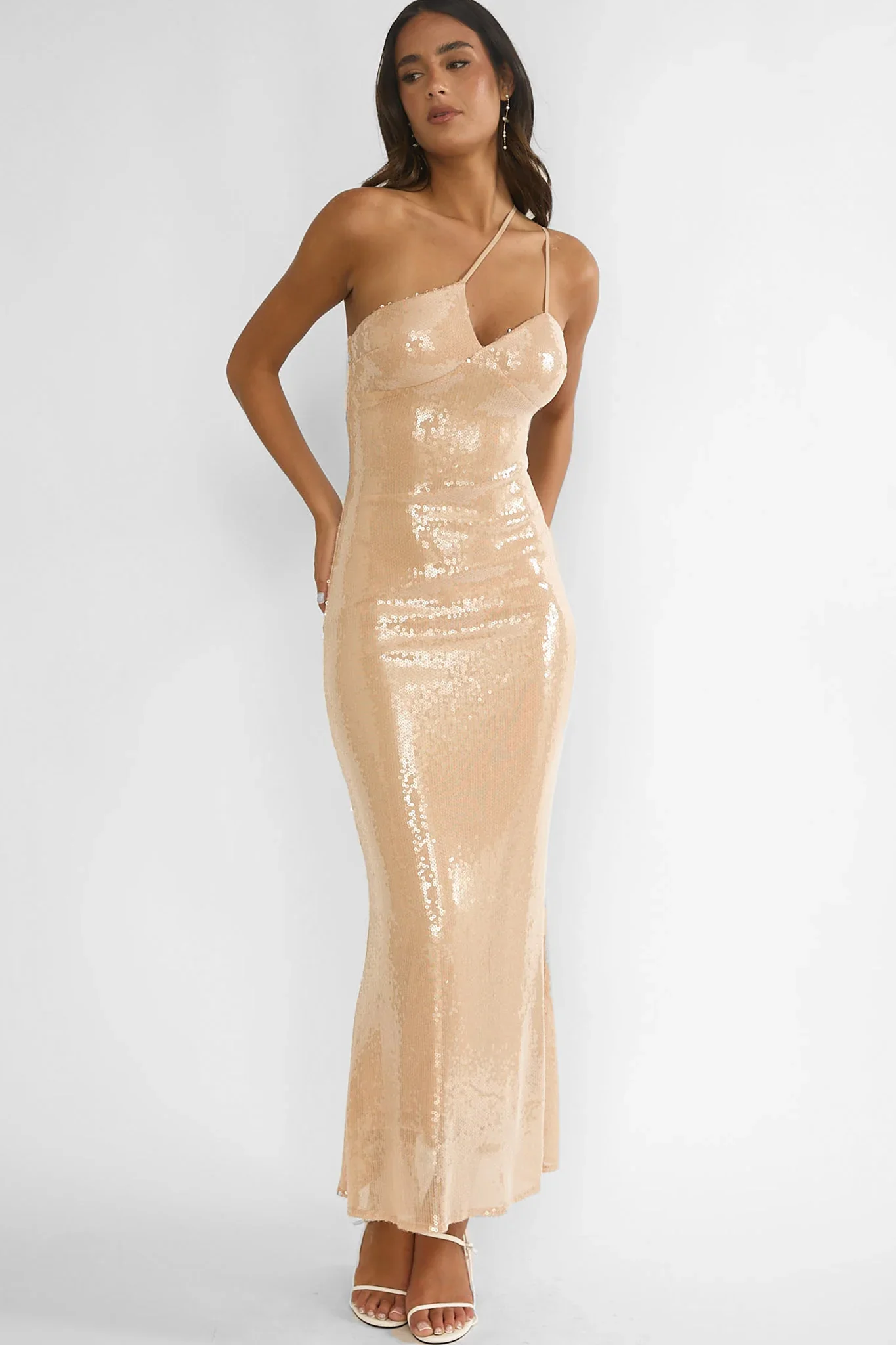Roselyn One-Shoulder Sequin Maxi Dress Latte