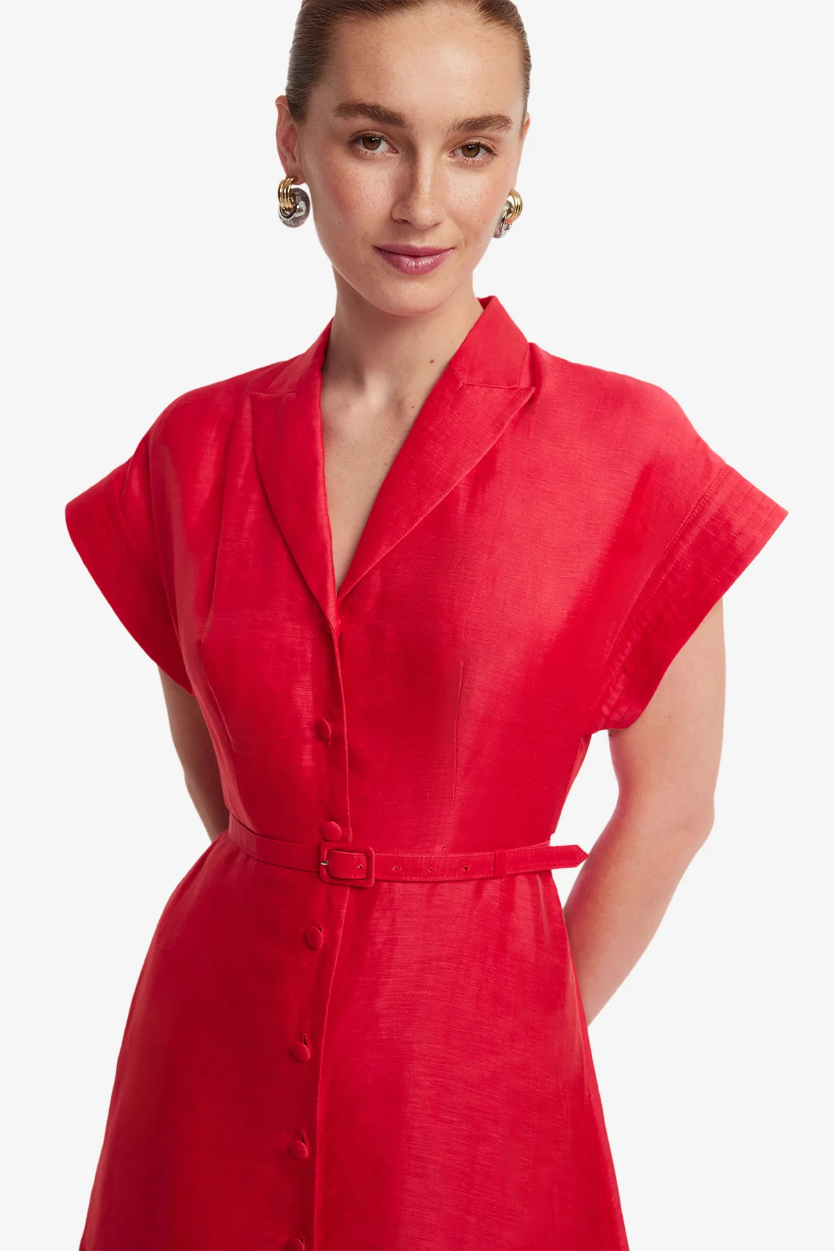 Aubrey Palm Shirt Midi Dress - Scarlet