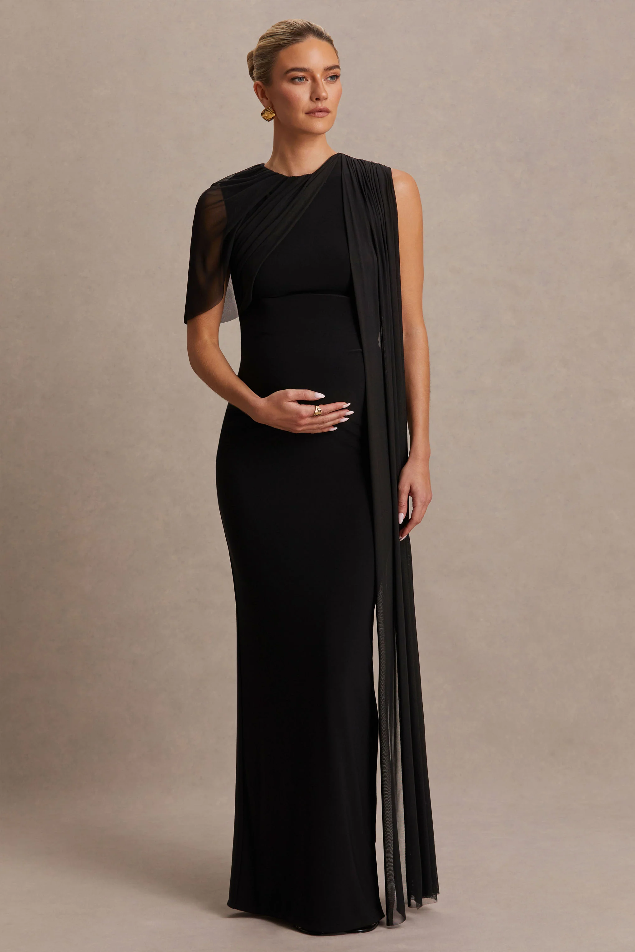 Amelise | Black High-Neck Maternity Maxi Dress With Mesh-Cape Sleeve And Sash Detail