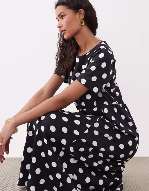 Threadbare jersey short sleeve midi dress in black and white polka dot print
