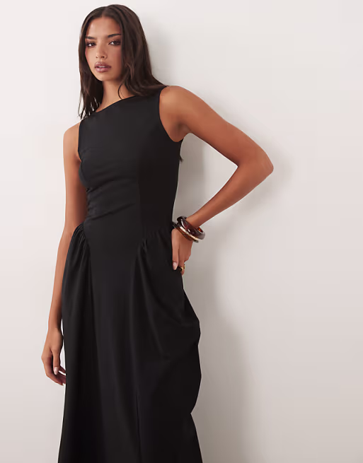 boat neck waist detail midi dress in black