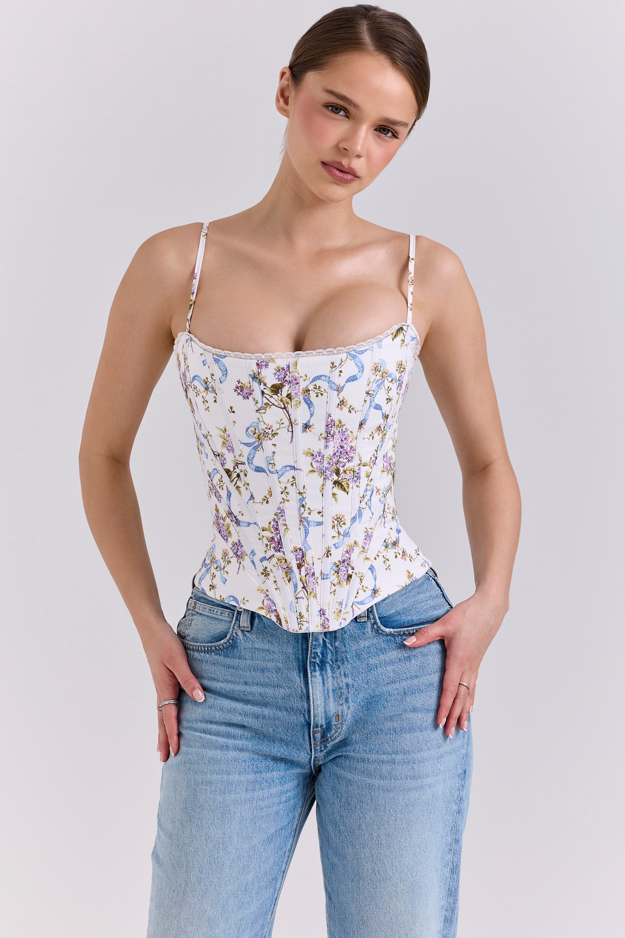 White Floral Ribbon Print Cotton Corset Top