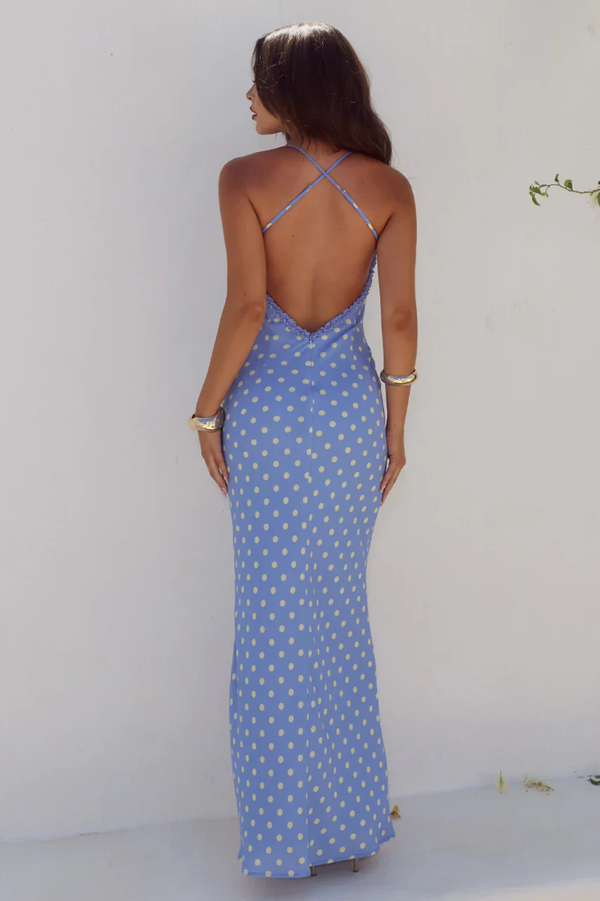 MONET CROSS BACK MAXI DRESS - PERIWINKLE/LEMON POLKA