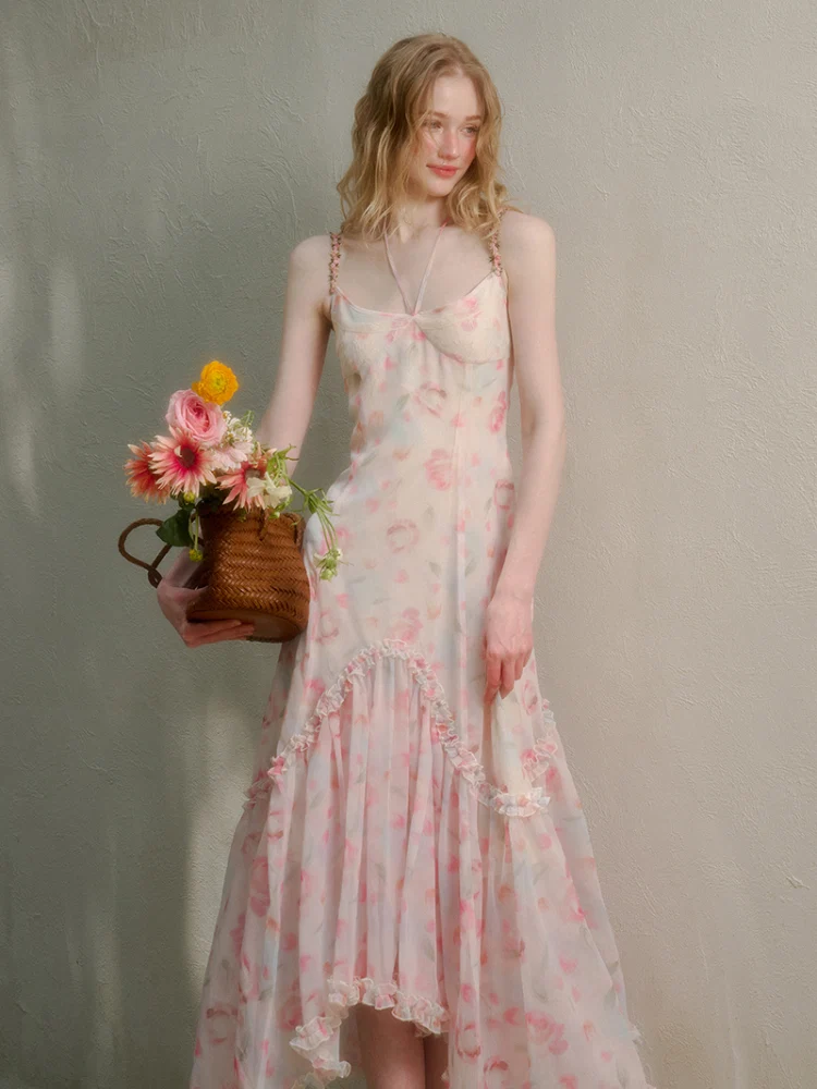 Flower-pattern Flowing Dress