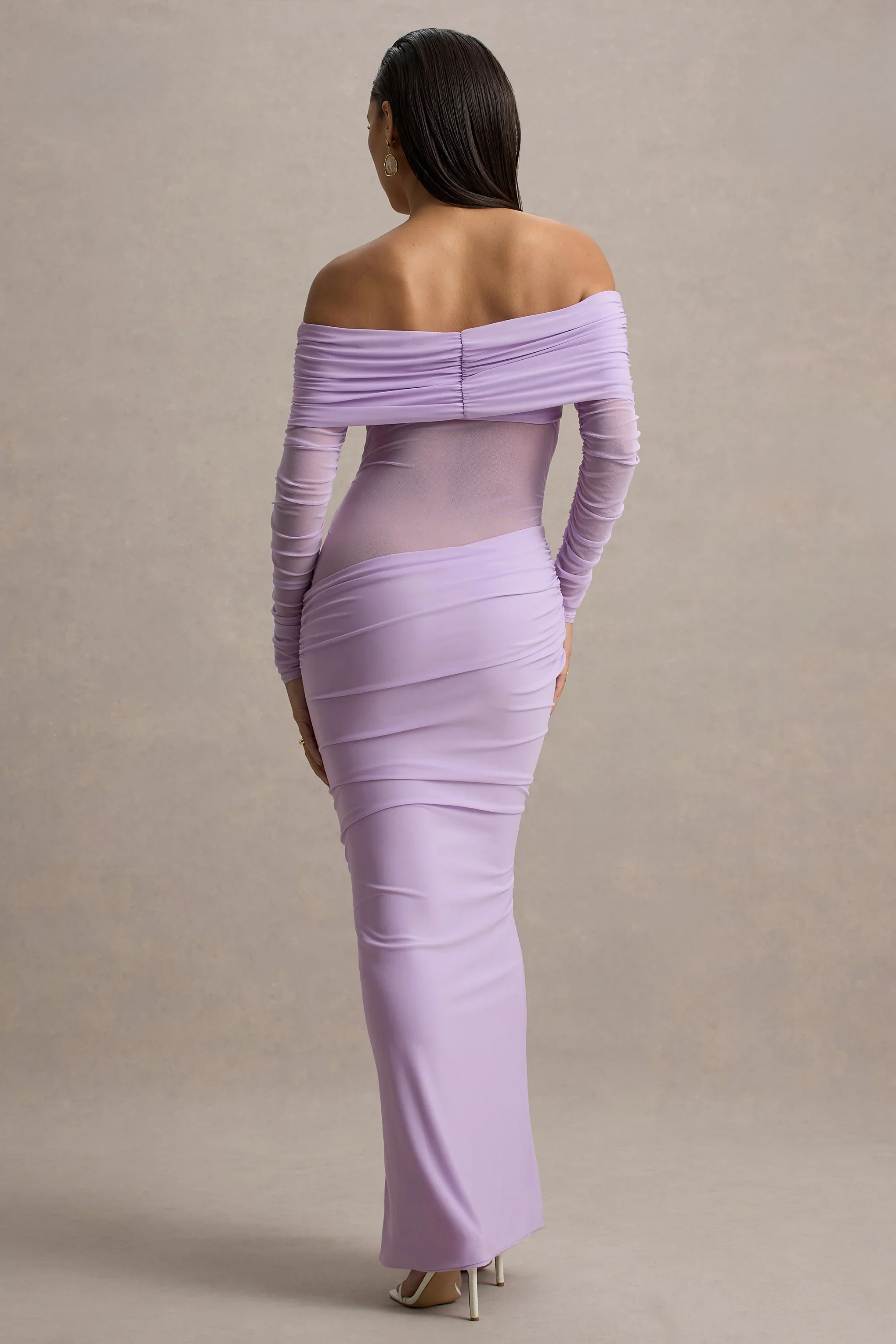 Belamour | Lavender Semi-Sheer Bardot Gathered Maxi Dress