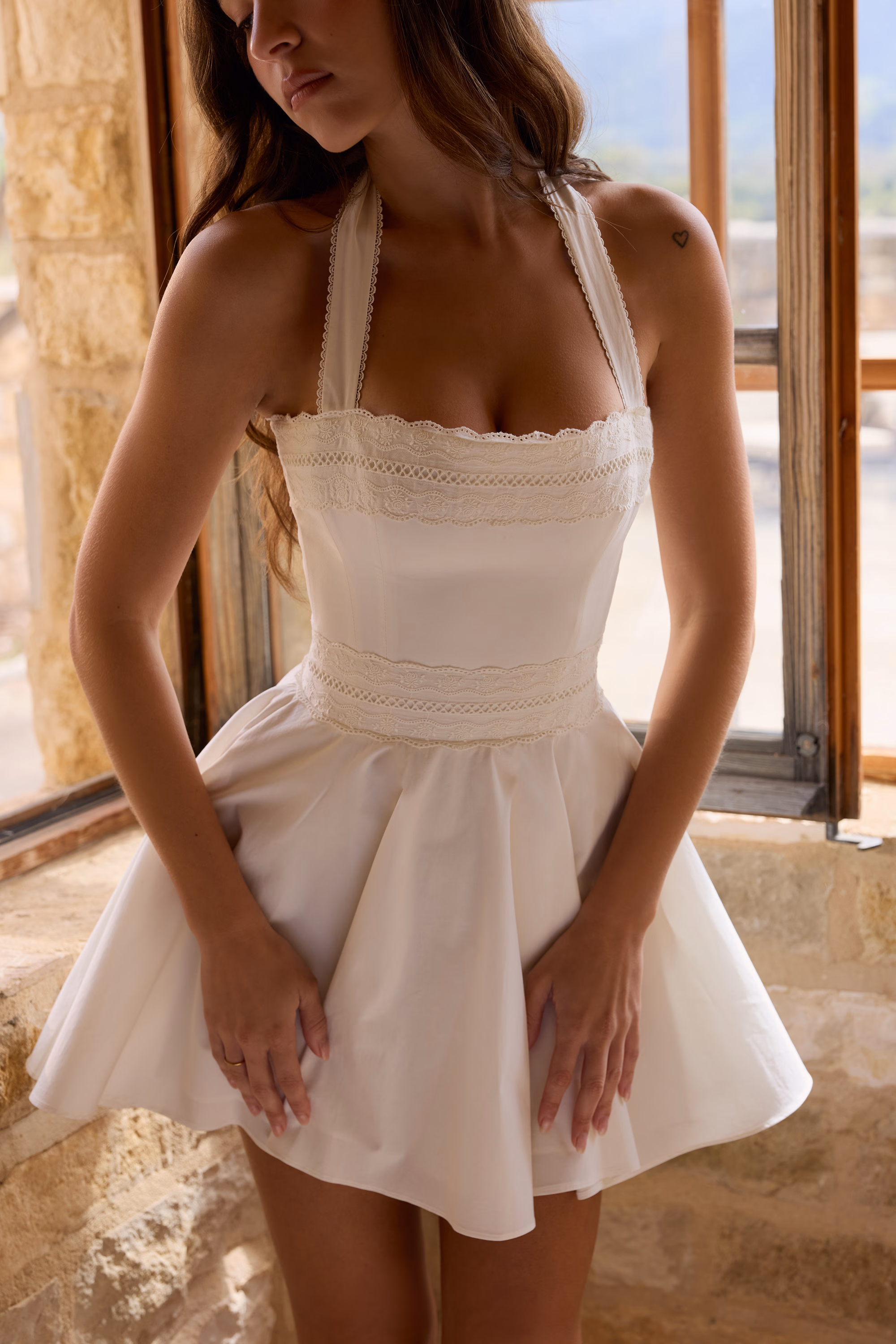 White Broderie Anglais + Colton Halter Neck Mini Dress