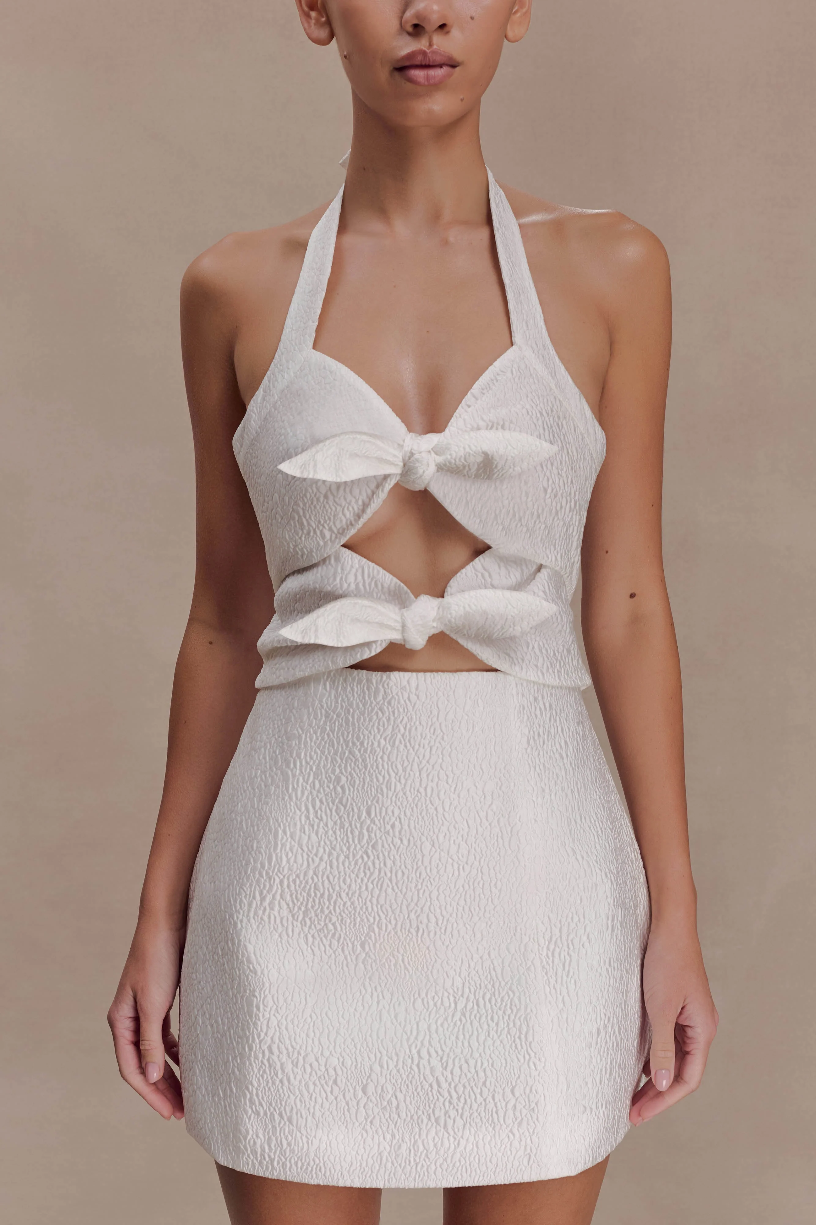 Ella Bow Detail Halter Mini Dress - White