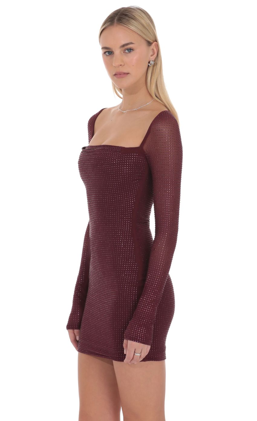 Rhinestone Long Sleeve Mini Dress in Maroon - FASHION NOB