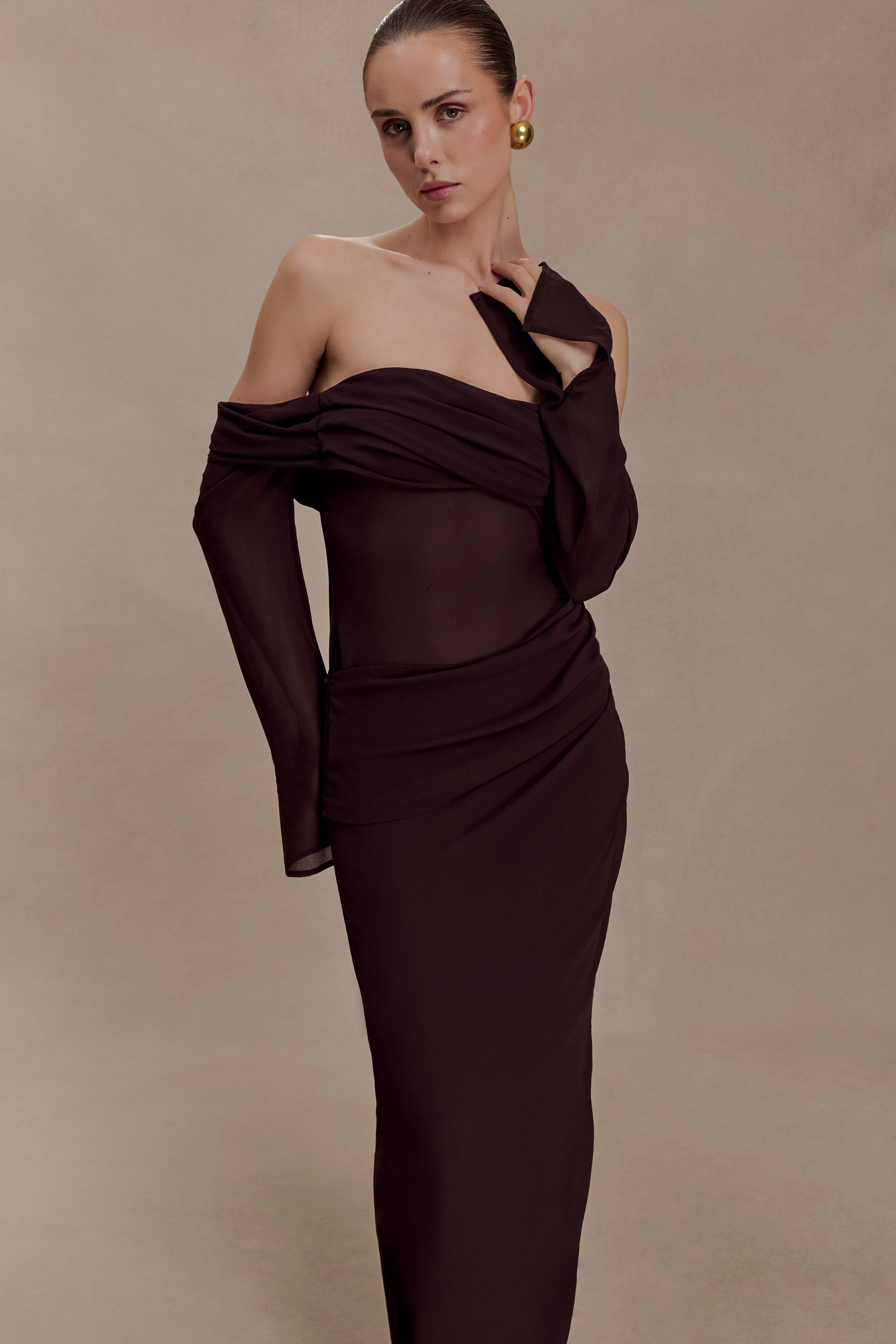Kirsten-Off-Shoulder-Chiffon-Maxi-Dress-Cacao-Brown