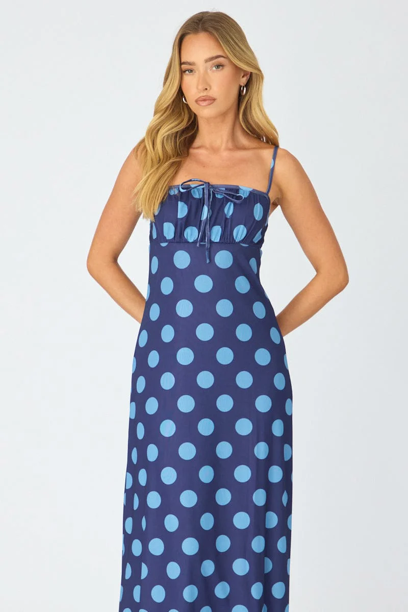 Blue Polka Dot Midi Dress Strappy