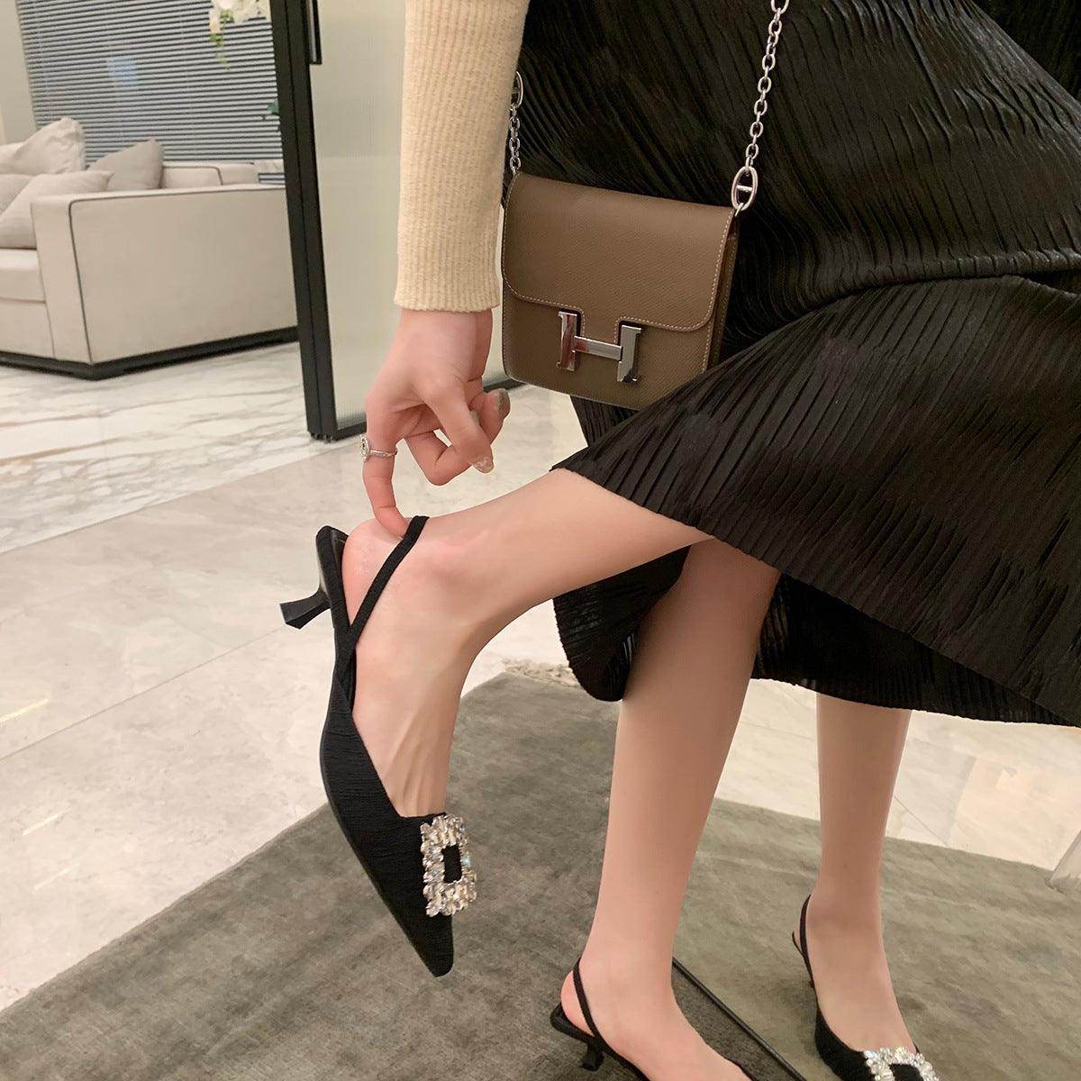 Black Rhinestone Ankle Strap Pointy Mid Heel Sandals 670997112279