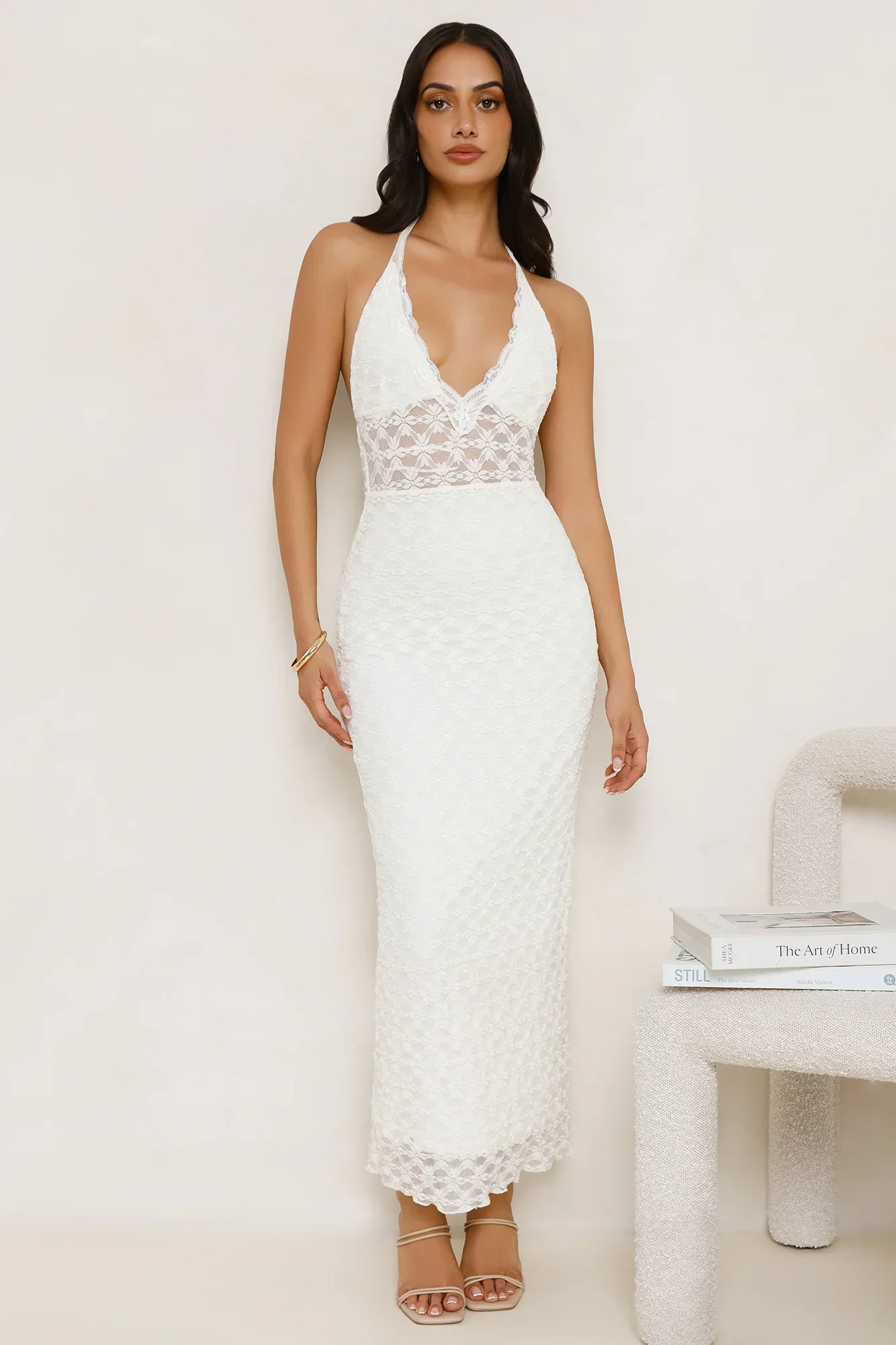 Lace Me Up Halter Maxi Dress Cream - luluinthesky