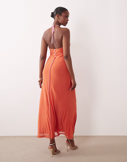 scoop halterneck mesh maxi dress in orange