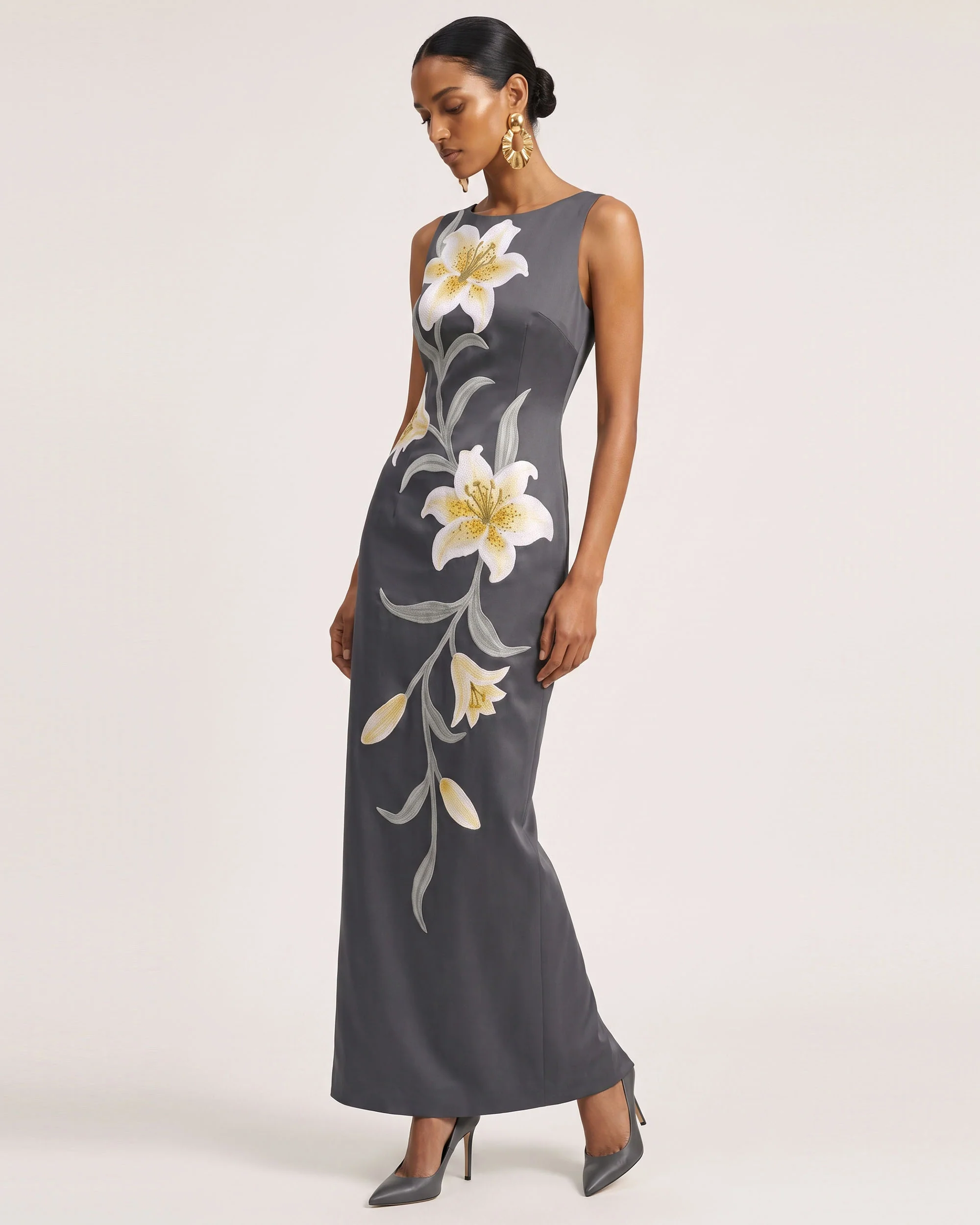Lily Floral Print Sleeveless Column Maxi Dress - Grey - FASHION NOB