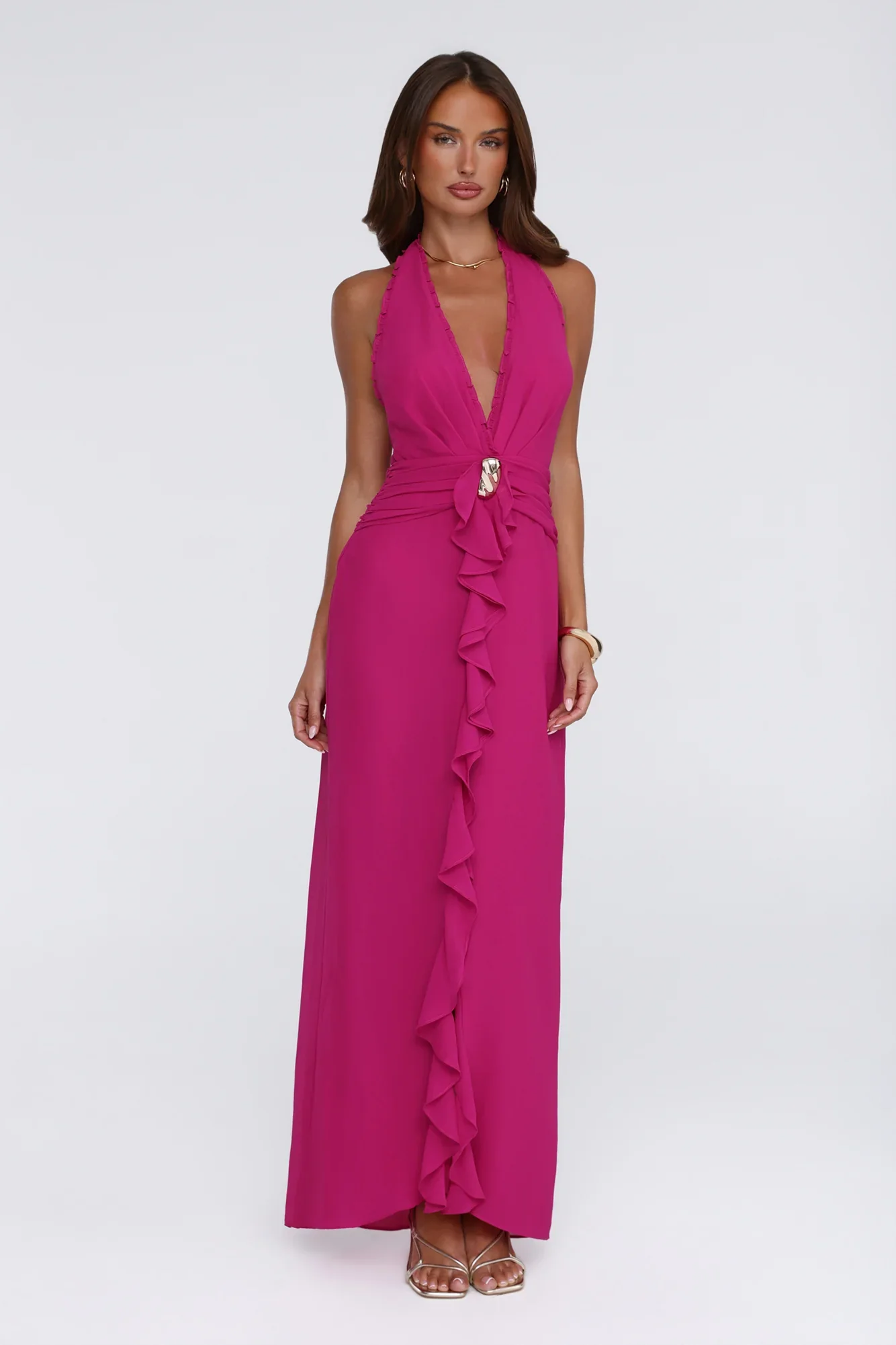 Sea Glass Nights Halter Maxi Dress Fuchsia