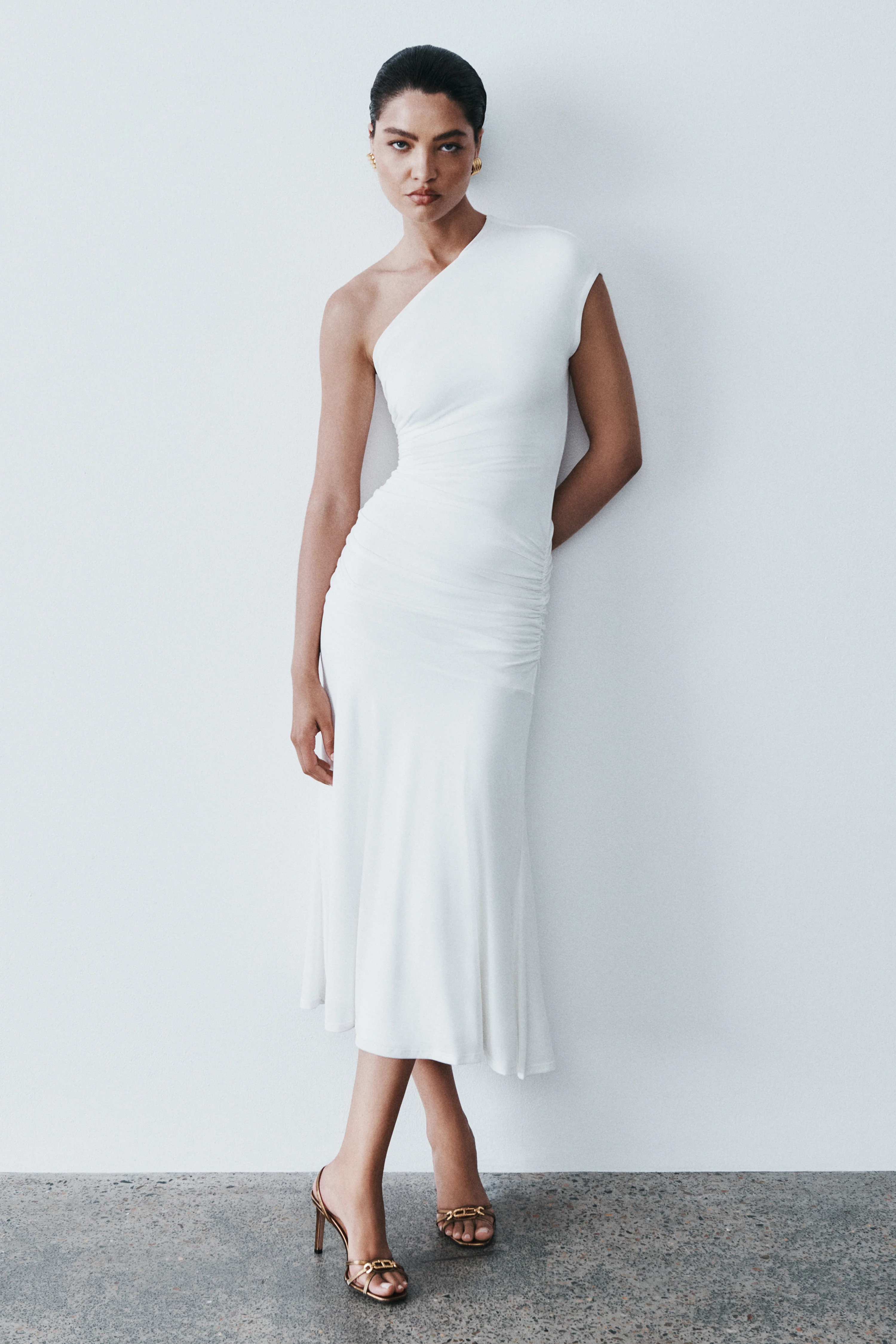 Chloe Peached Jersey One Shoulder Midi Dress - Ivory
