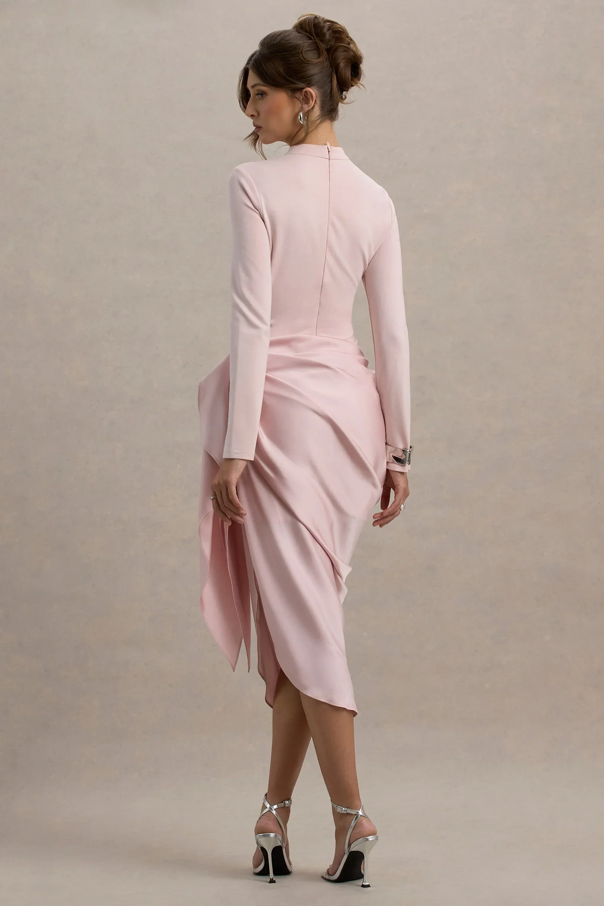 Raffie | Pink Long-Sleeve Midi Dress With Satin Wrap Skirt