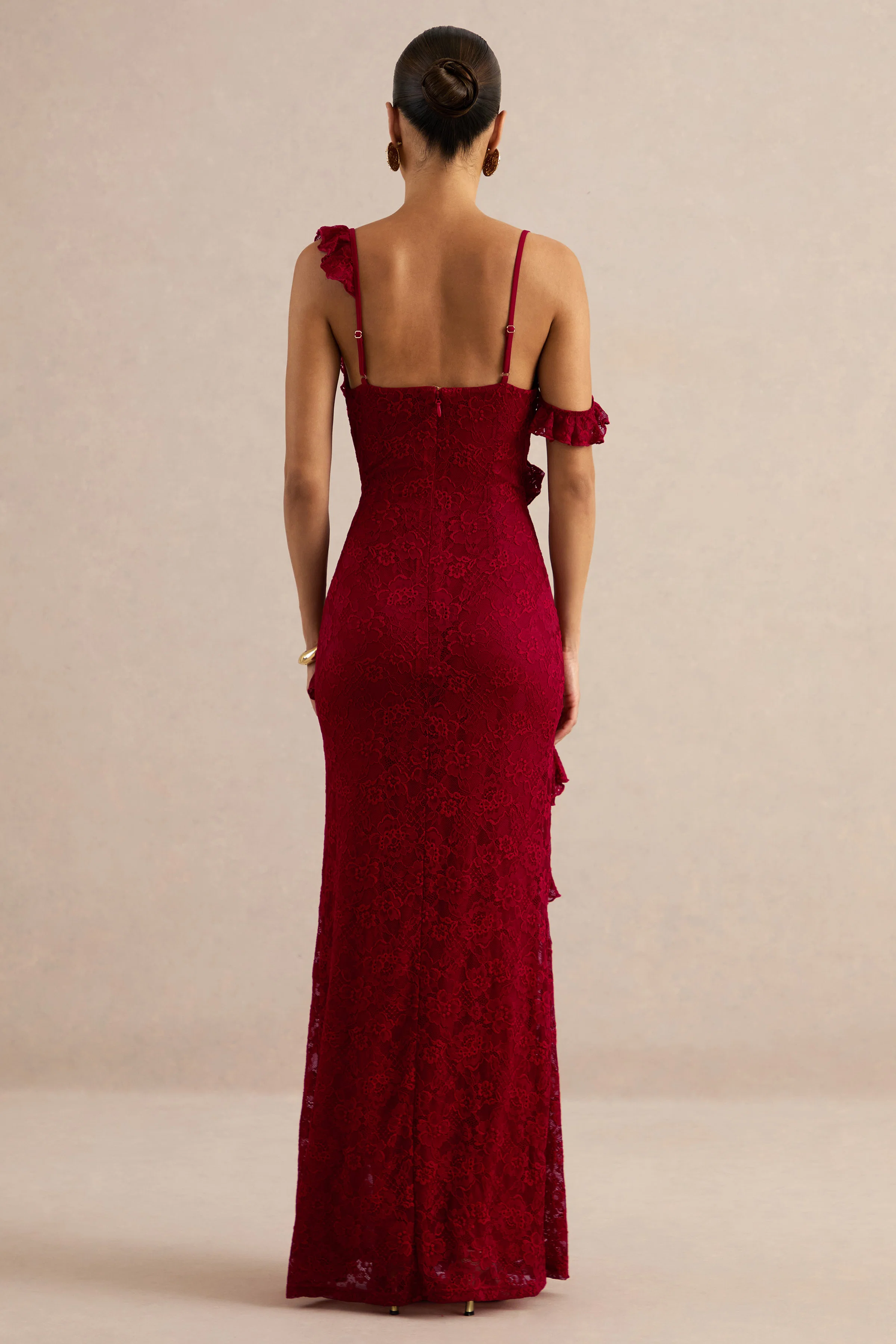 Sera | Red Lace Ruffle Trim Maxi Dress - luluinthesky