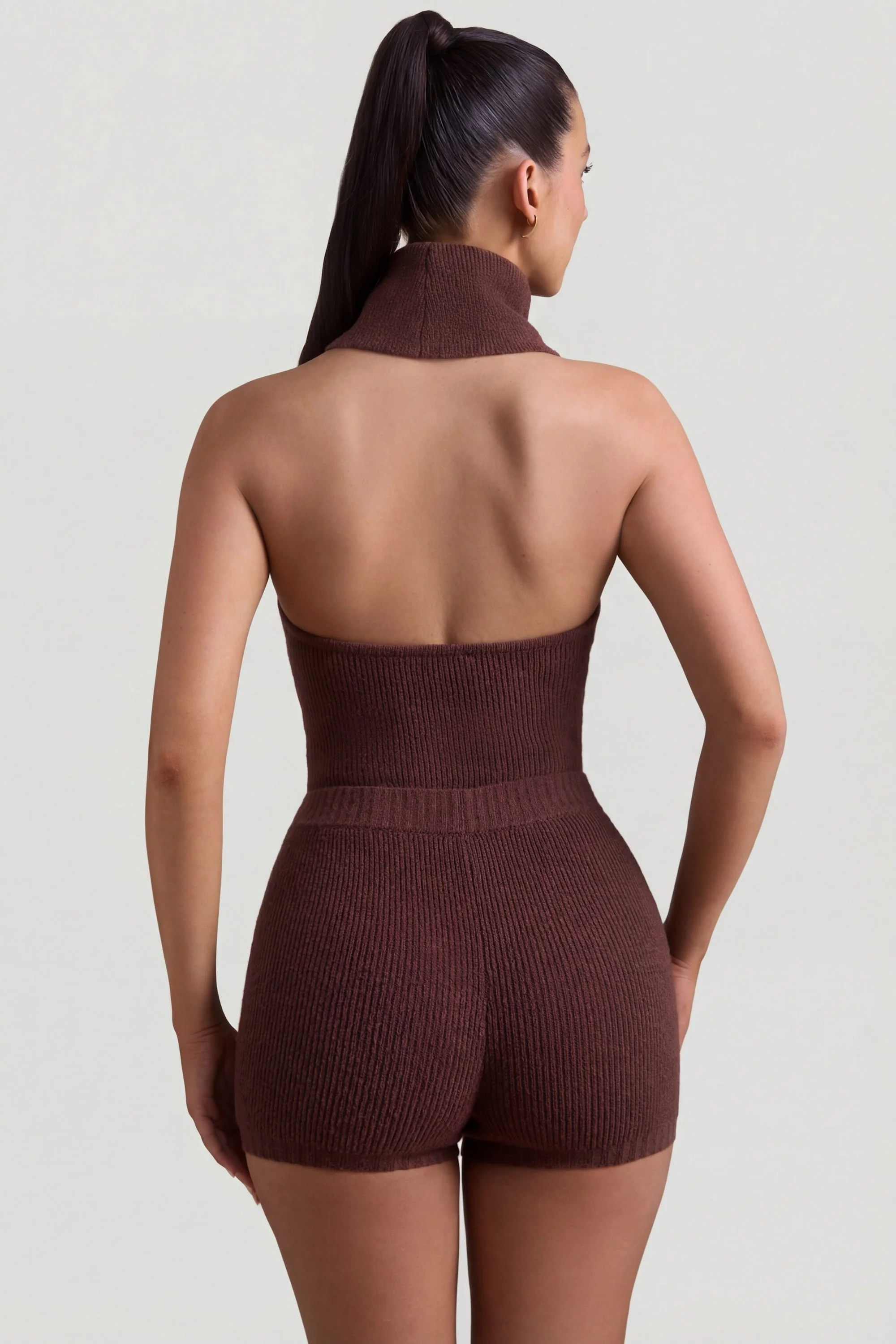 Ribbed-Knit Turtleneck Backless Top in Espresso