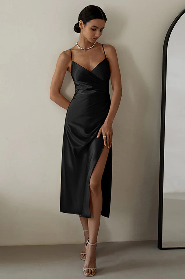 Ruched Trim High Split Cami Midi Dress